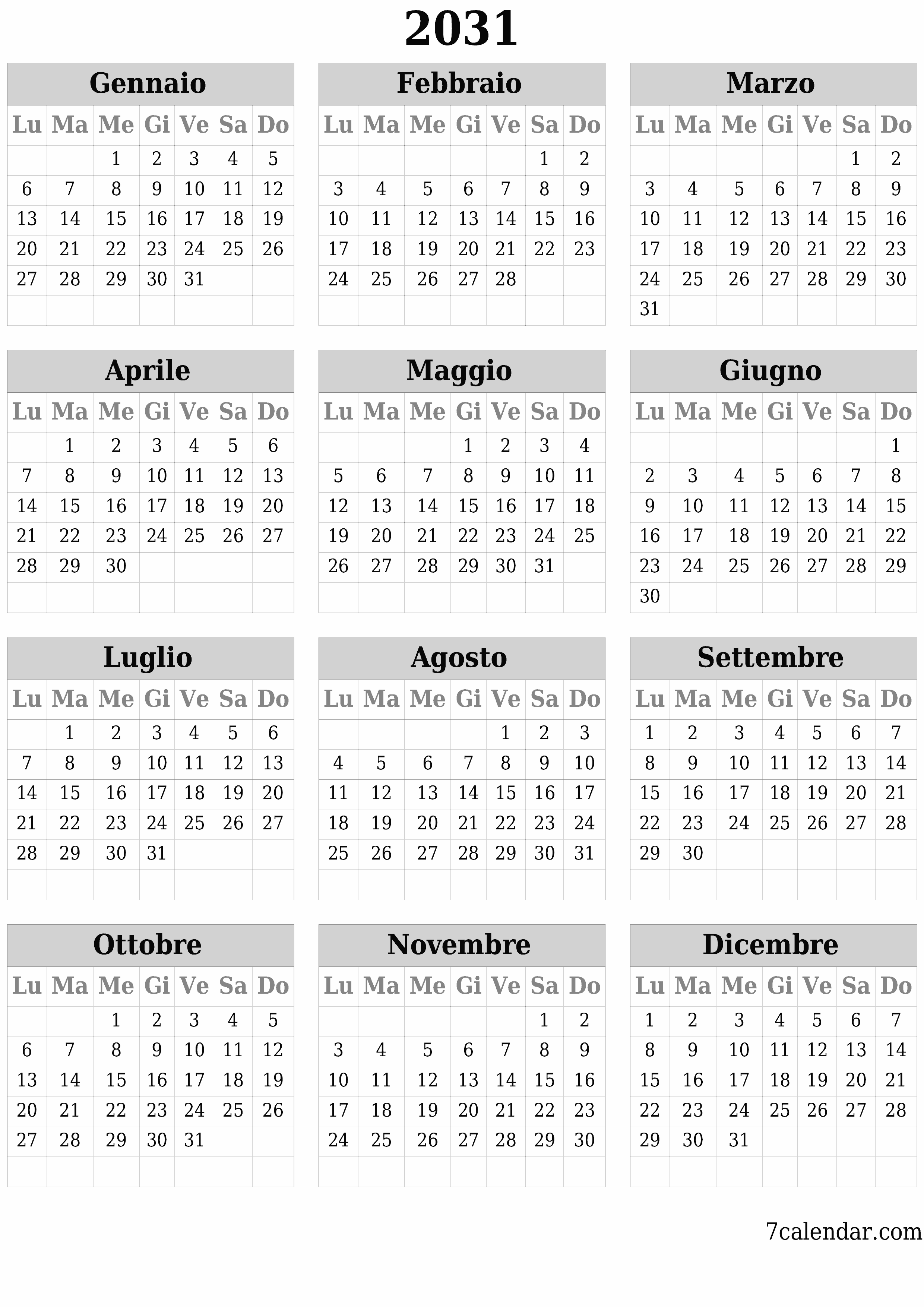  stampabile da parete modello di gratuitoverticale Annuale calendario Giugno (Giu) 2031