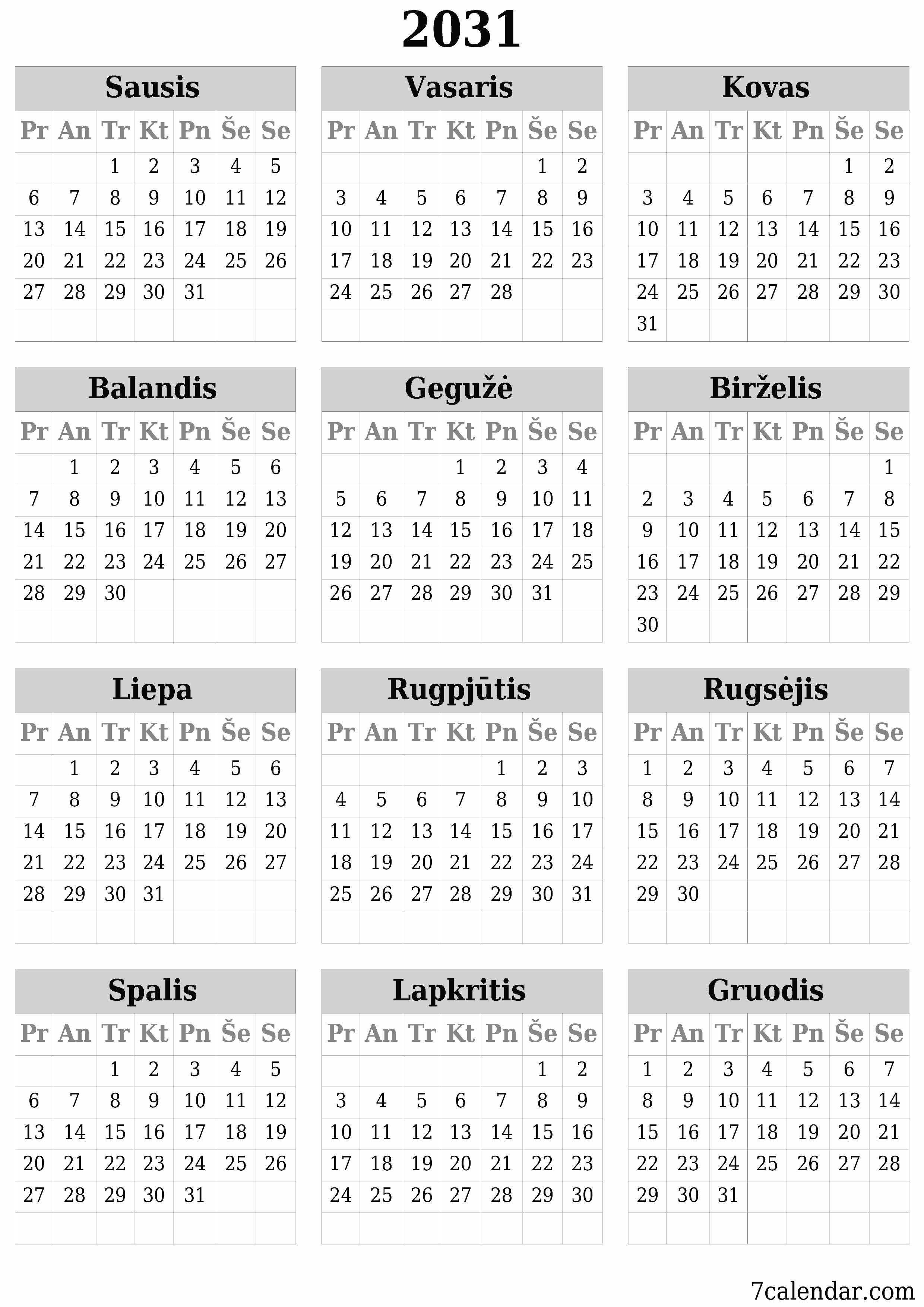 Tuščias metų planavimo kalendorius 2031 su užrašais, išsaugokite ir atsispausdinkite PDF formatu PNG Lithuanian