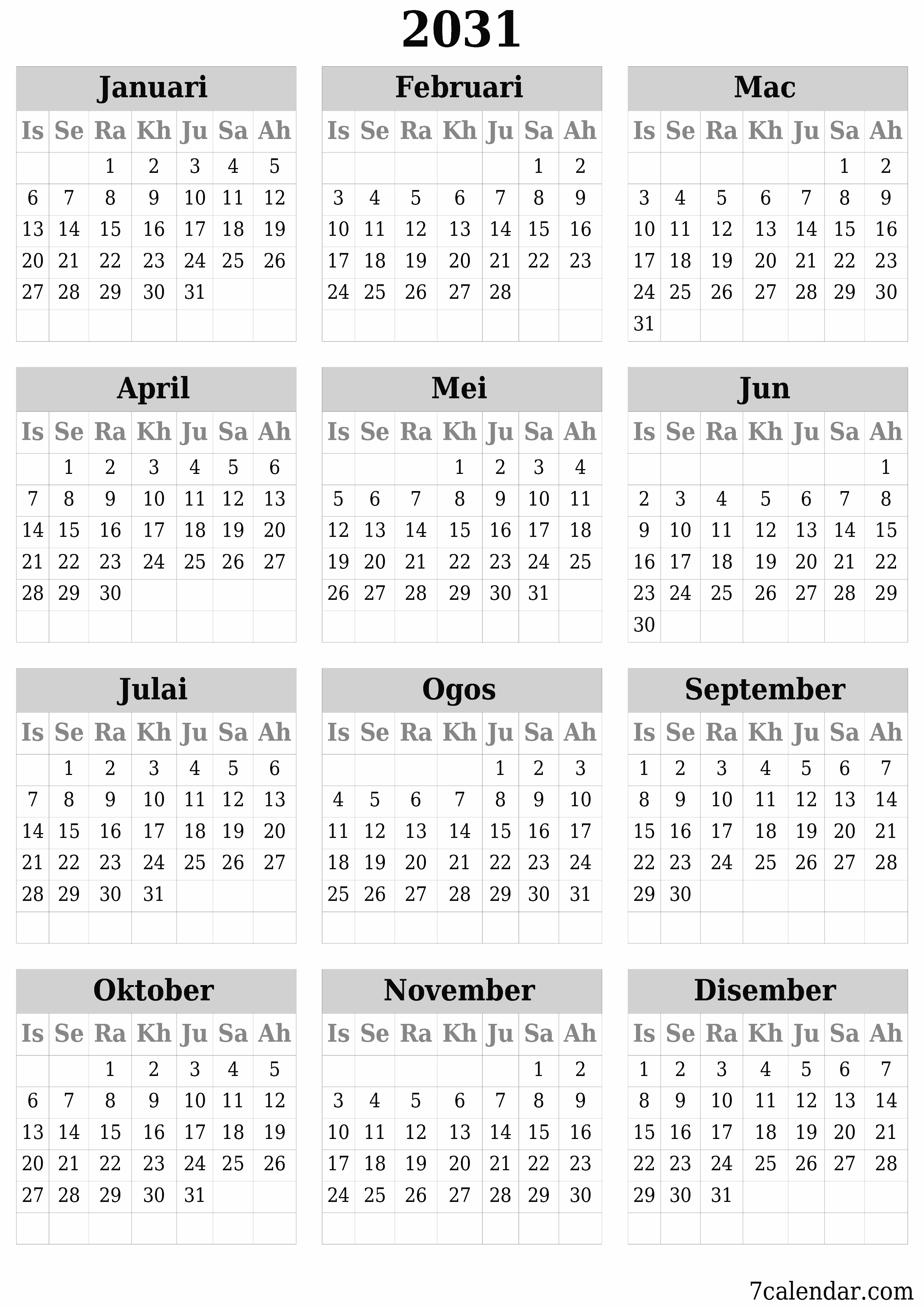 Kalendar perancang tahunan kosong untuk tahun ini 2031 dengan nota, simpan dan cetak ke PDF PNG Malay