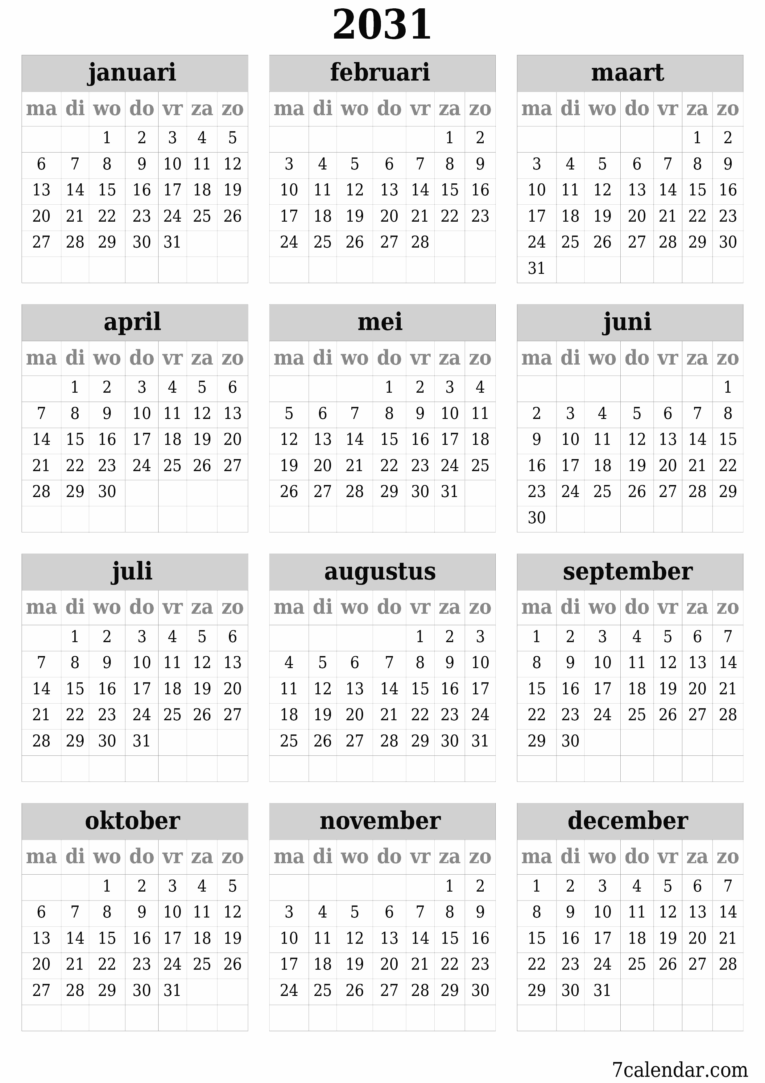 Lege jaarplanningskalender voor het jaar 2031 met notities, opslaan en afdrukken naar pdf PNG Dutch