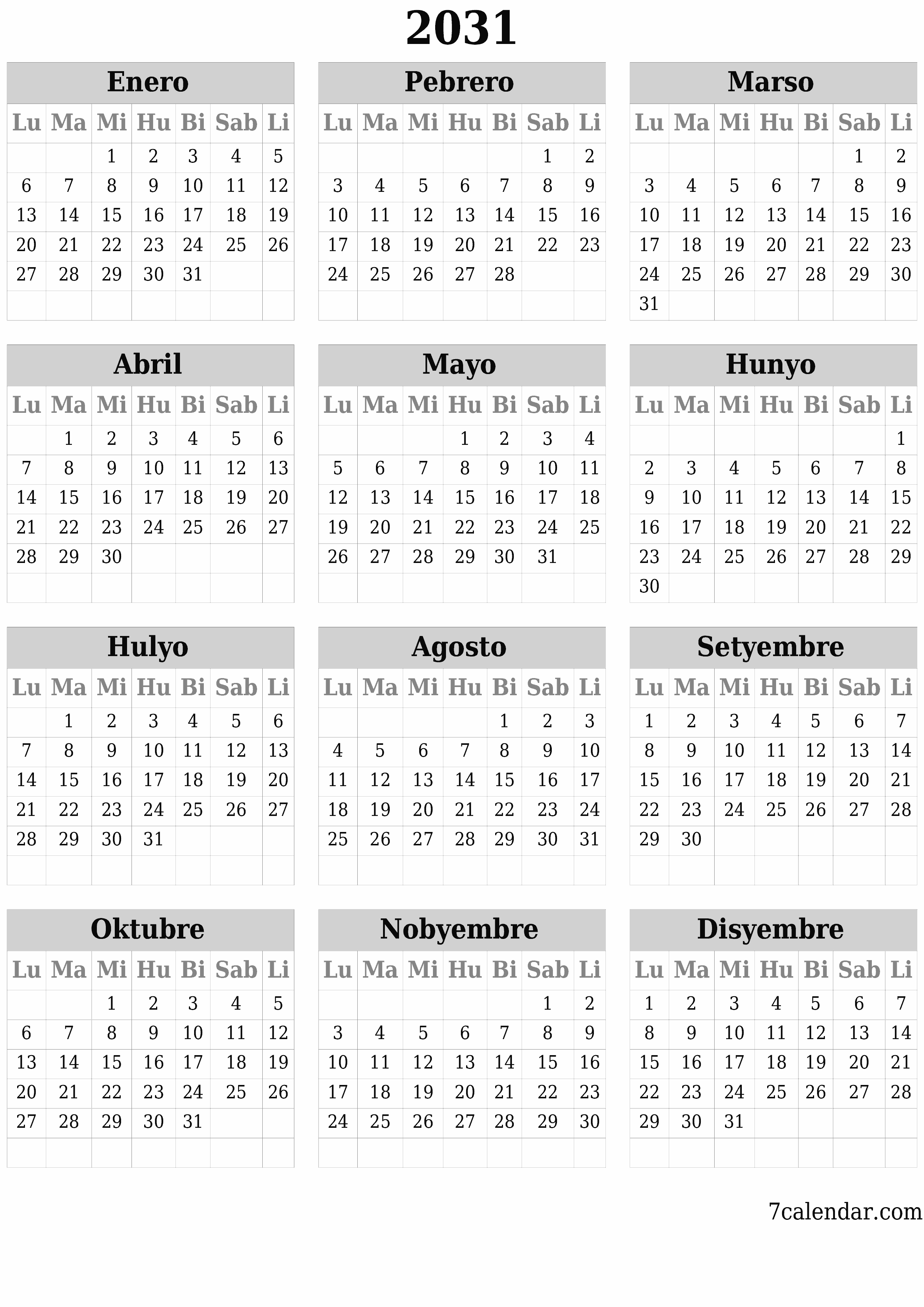 Walang laman ang taunang kalendaryo ng tagaplano para sa taong 2031 na may mga tala, i-save at i-print sa PDF PNG Filipino
