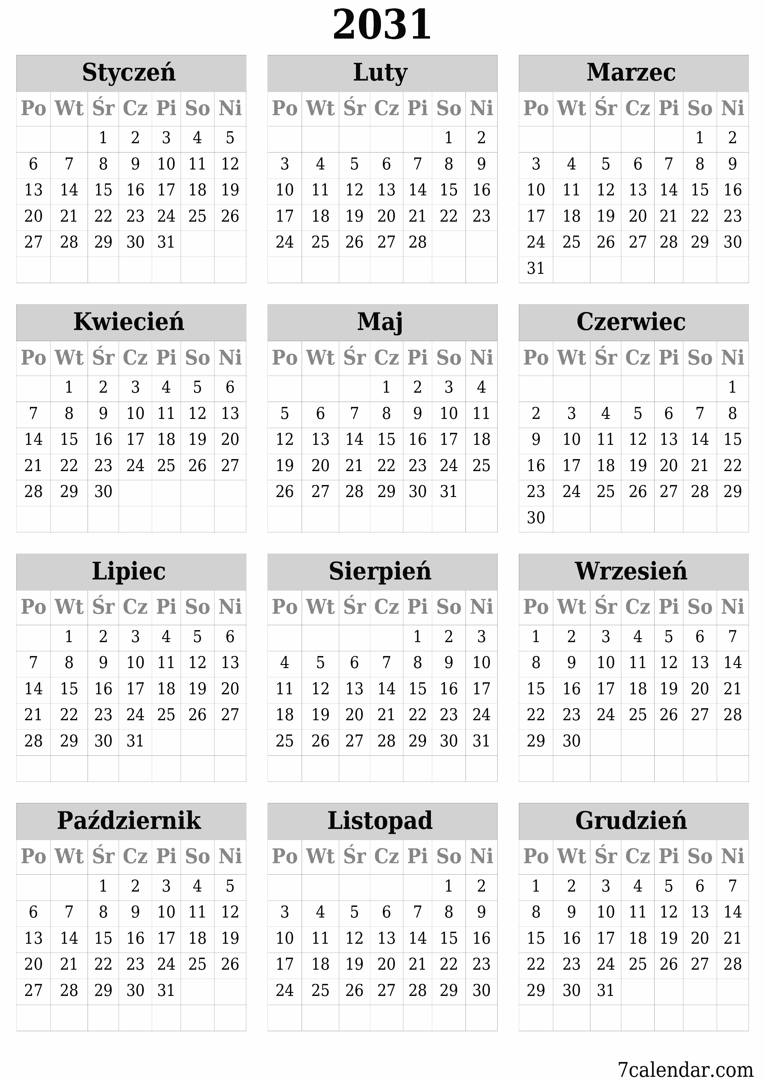  do druku ścienny szablon a darmowy pionowy Roczny kalendarz Czerwiec (Cze) 2031
