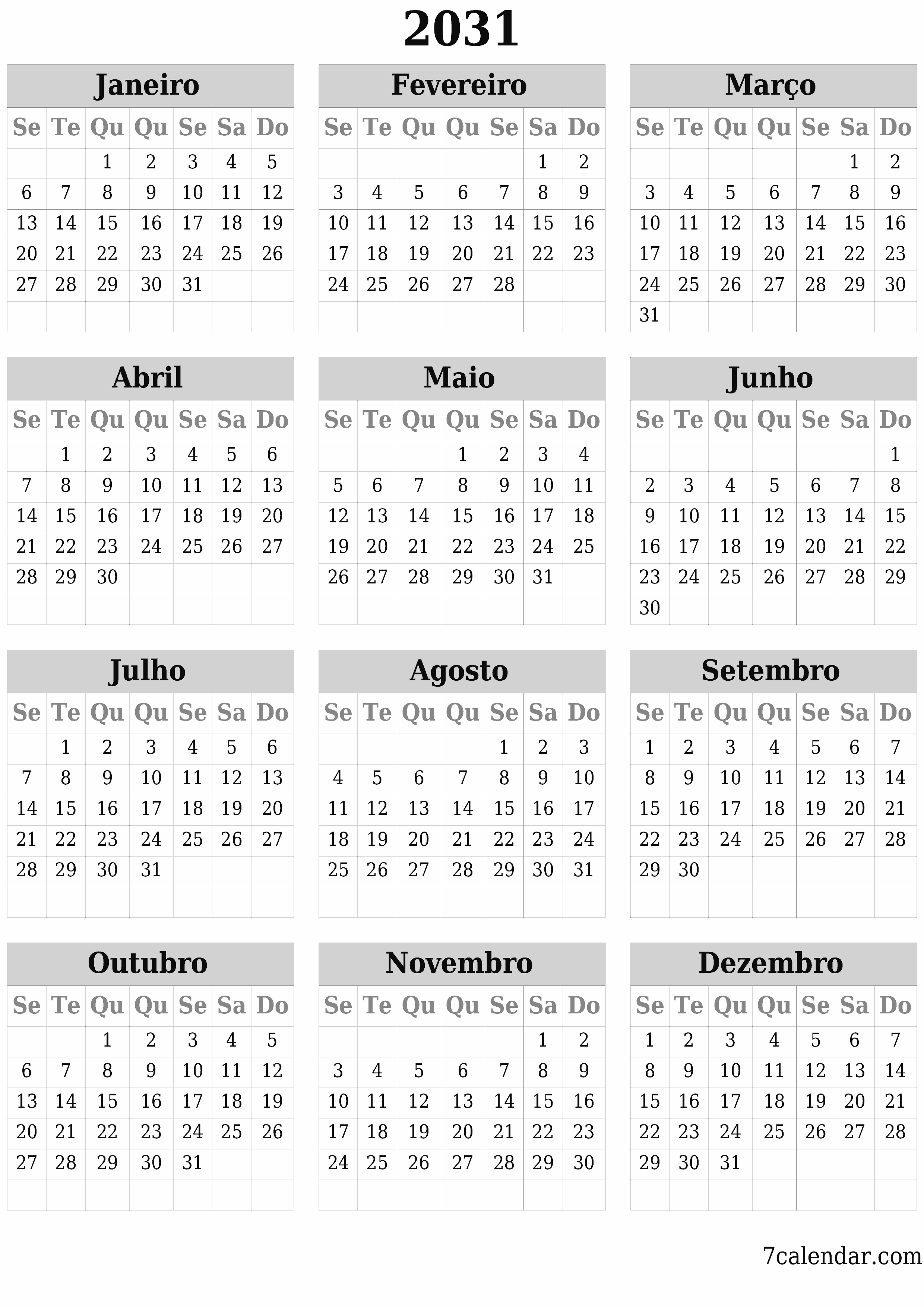 Calendário de planejador anual vazio para o ano 2031 com notas, salve e imprima em PDF PNG Portuguese