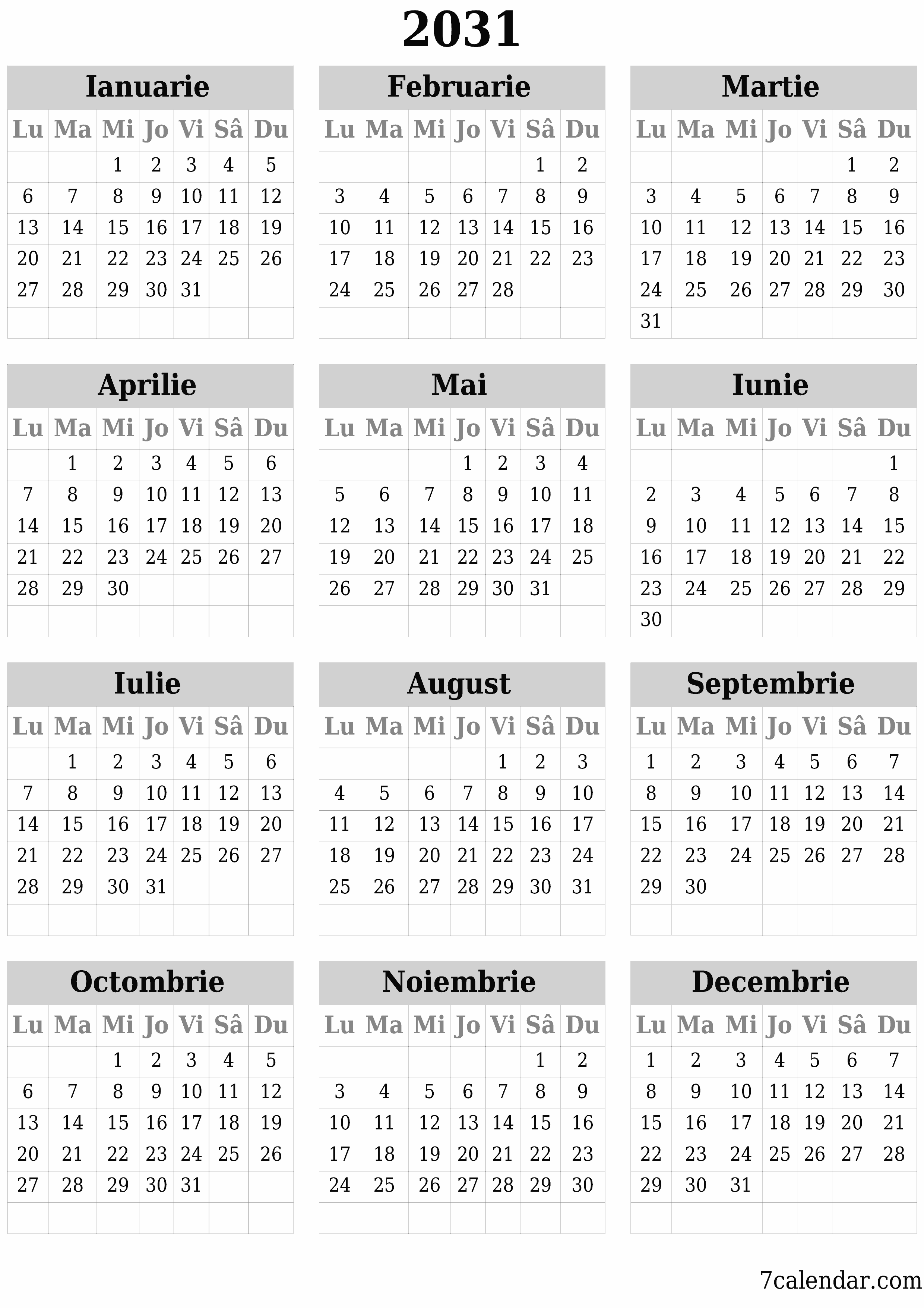  imprimabil de perete șablon de gratuitvertical Anual calendar Iunie (Iun) 2031