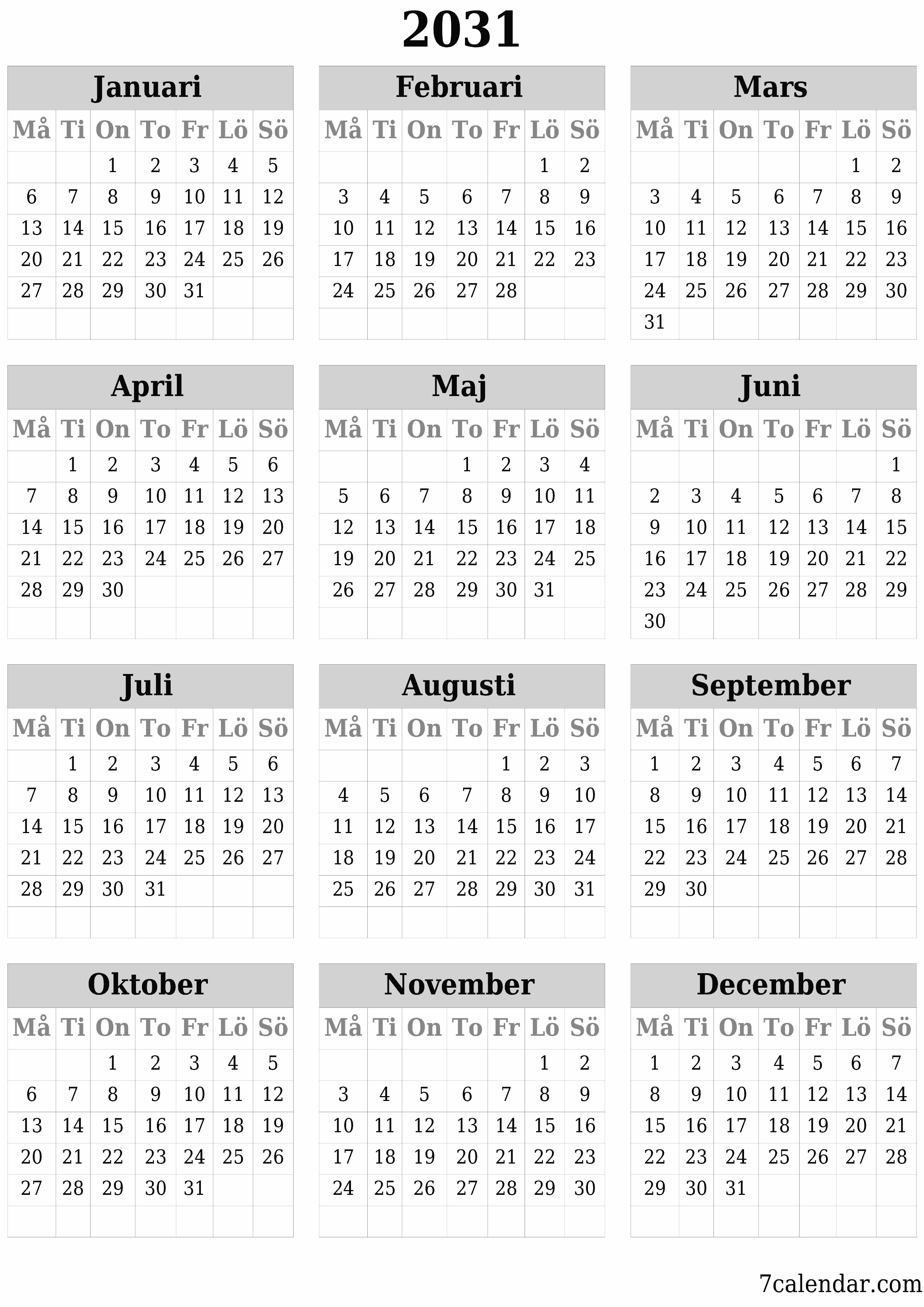 Tom årlig planeringskalender för året 2031 med anteckningar, spara och skriv ut till PDF PNG Swedish