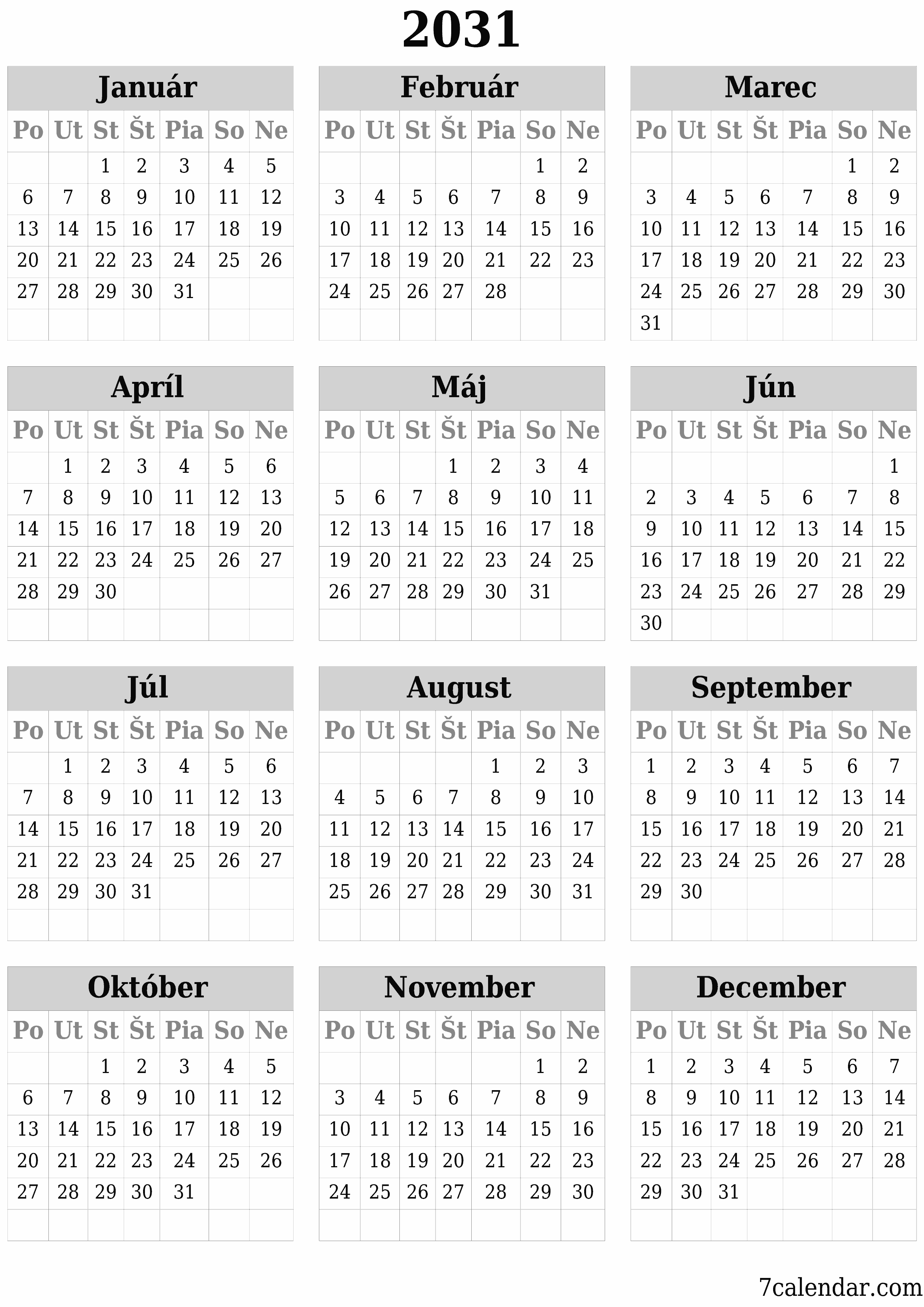 vytlačiteľný nástenný šablóna a bezplatný вертикальный Ročne kalendár Jún (Jún) 2031