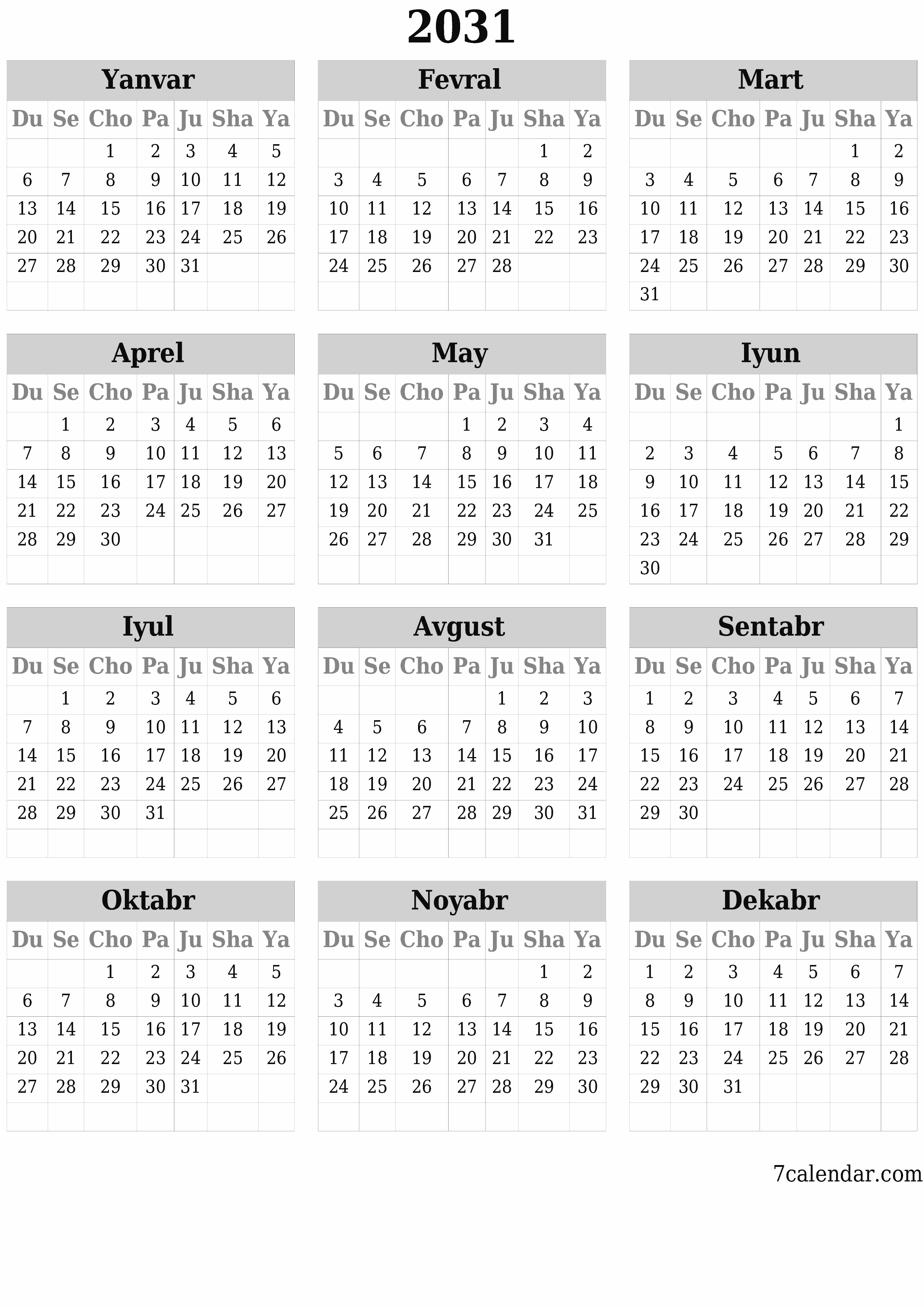 chop etiladigan devor taqvimi shabloni bepul vertikal Yillik kalendar Iyun (Iyun) 2031