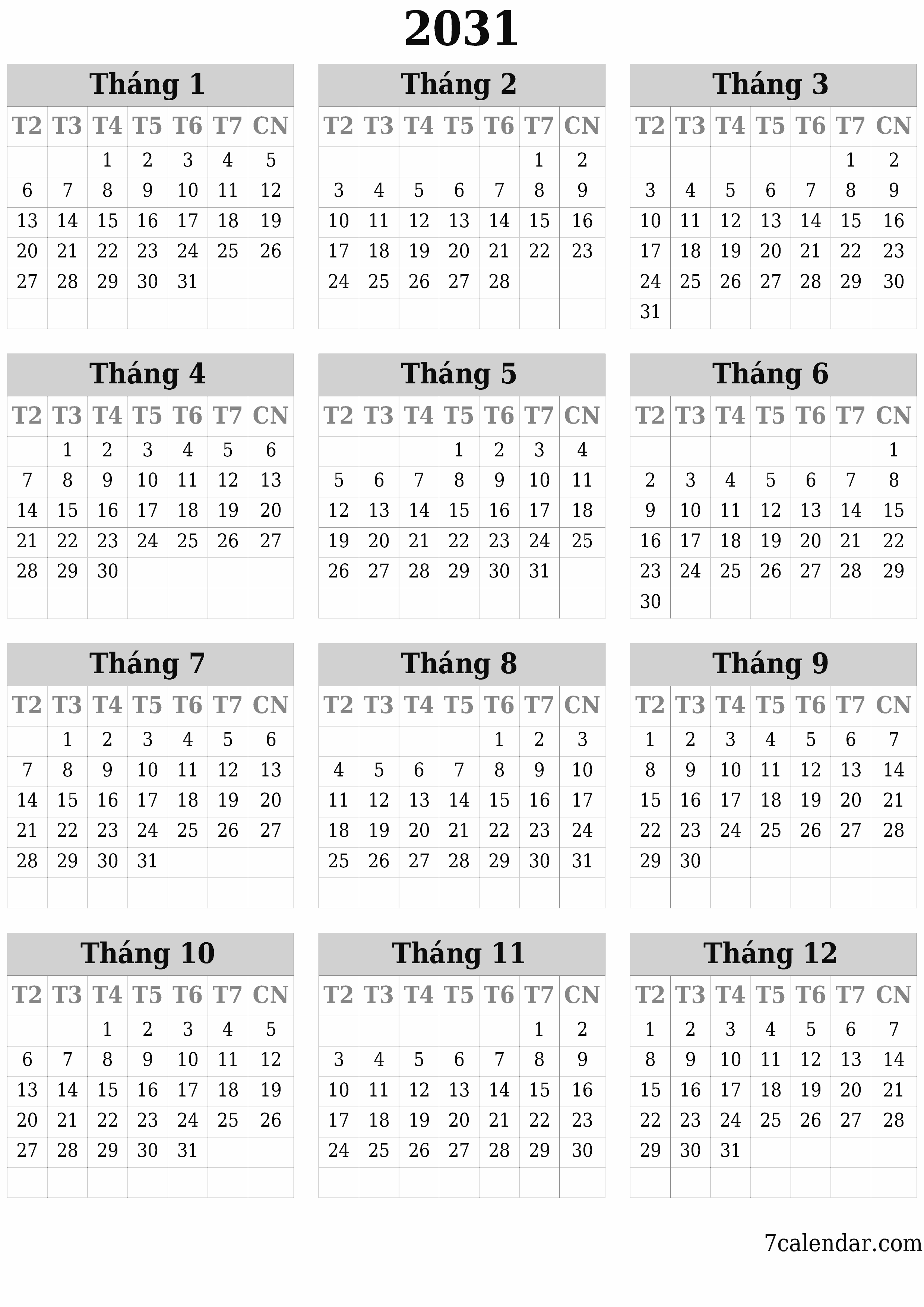  in được treo tường mẫu miễn phíthẳng đứng Hàng năm lịch Tháng 6 (Th6) 2031