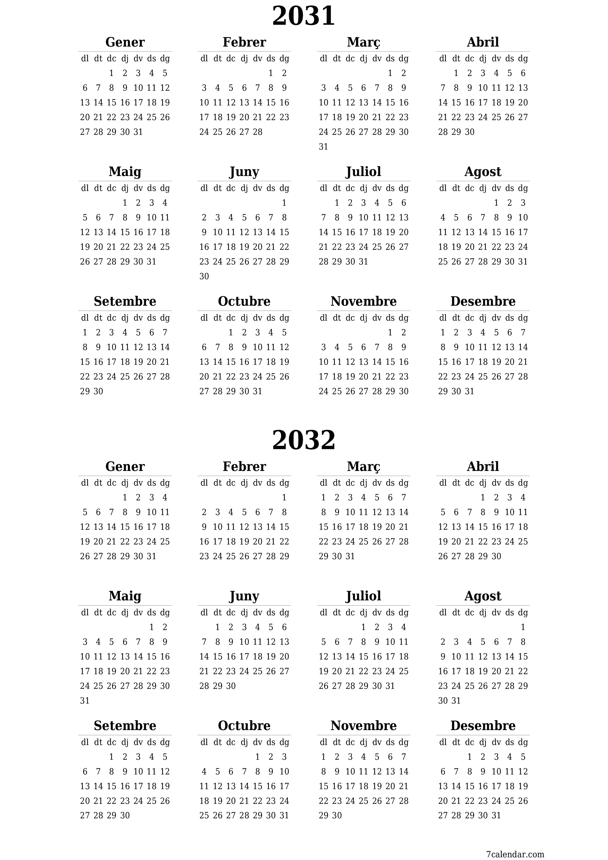  imprimible de paret plantilla de gratuïtvertical Anual calendari Juny (Jun) 2031