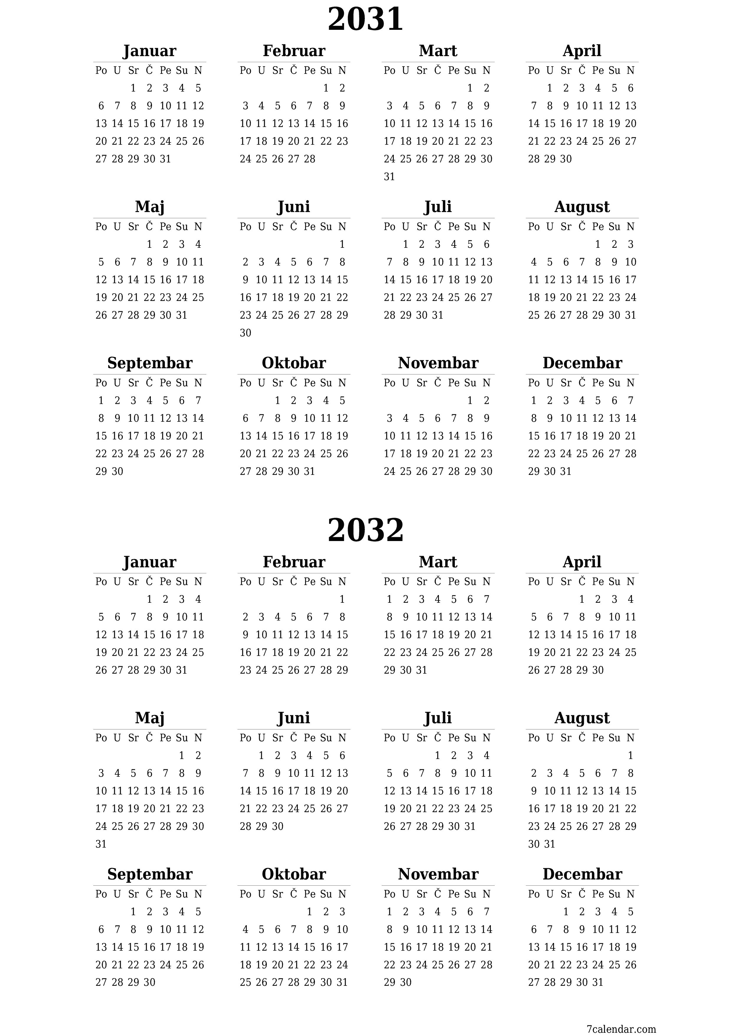  za štampanje zidni šablon a besplatni vertikalno Godišnje kalendar Juni (Jun) 2031