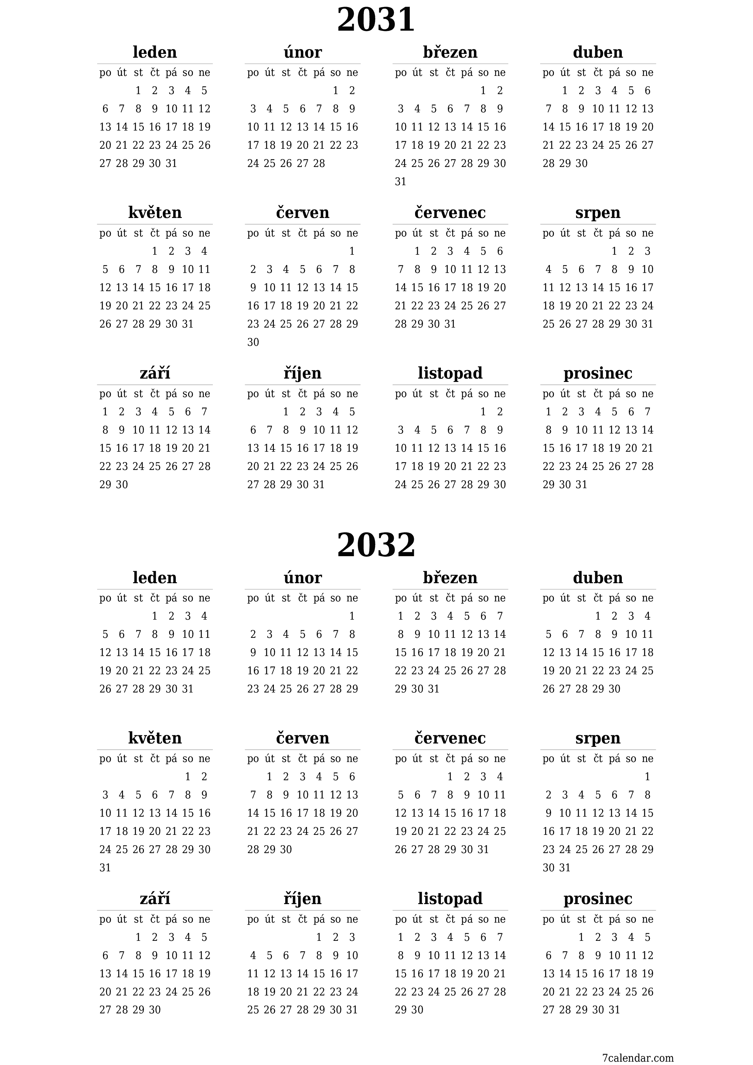  pro tisk nástěnný šablona e zdarmavertikální Roční kalendář červen (čvn) 2031
