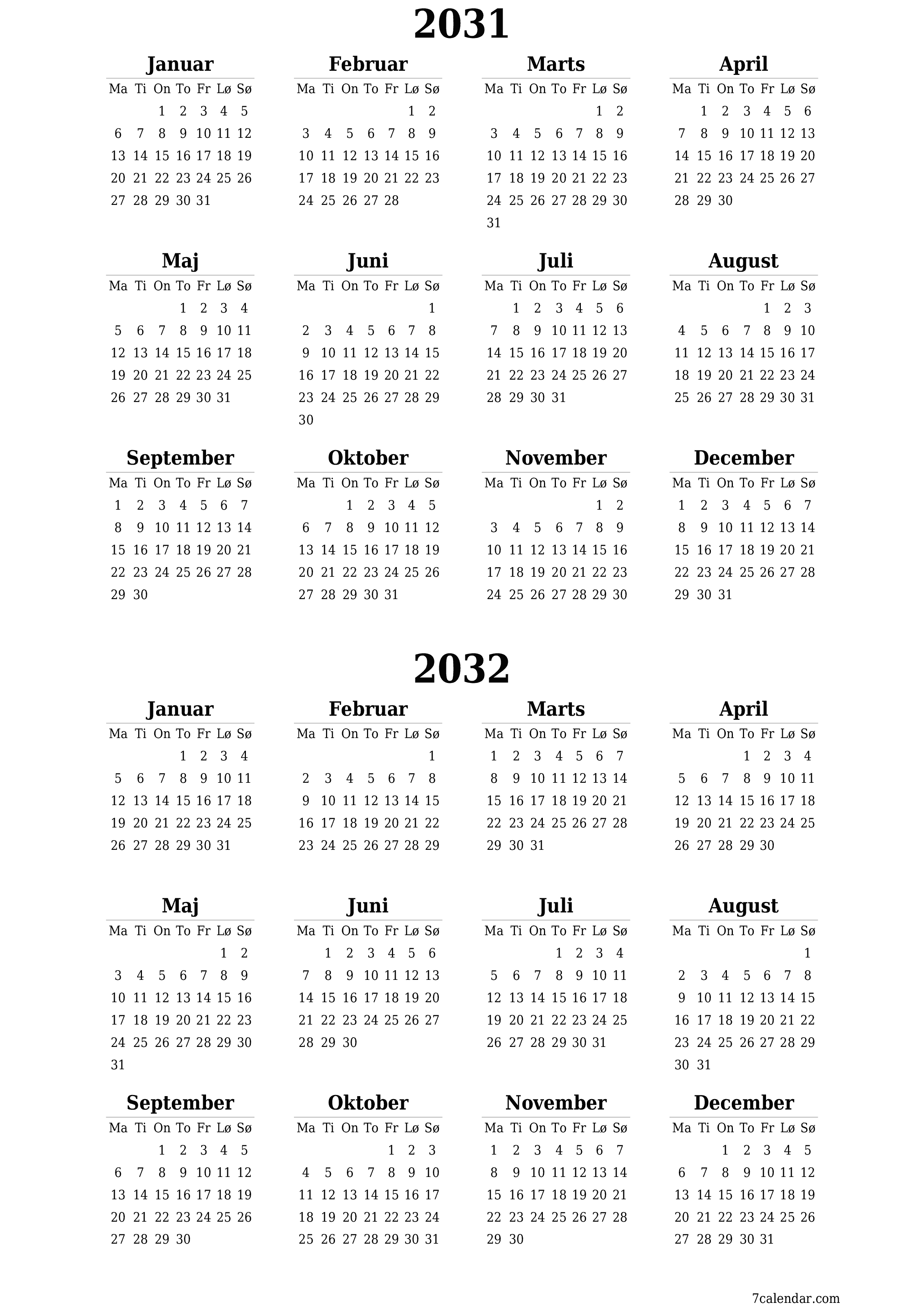 Tom årlig planlægningskalender for året 2031, 2032 med noter, gem og udskriv til PDF PNG Danish