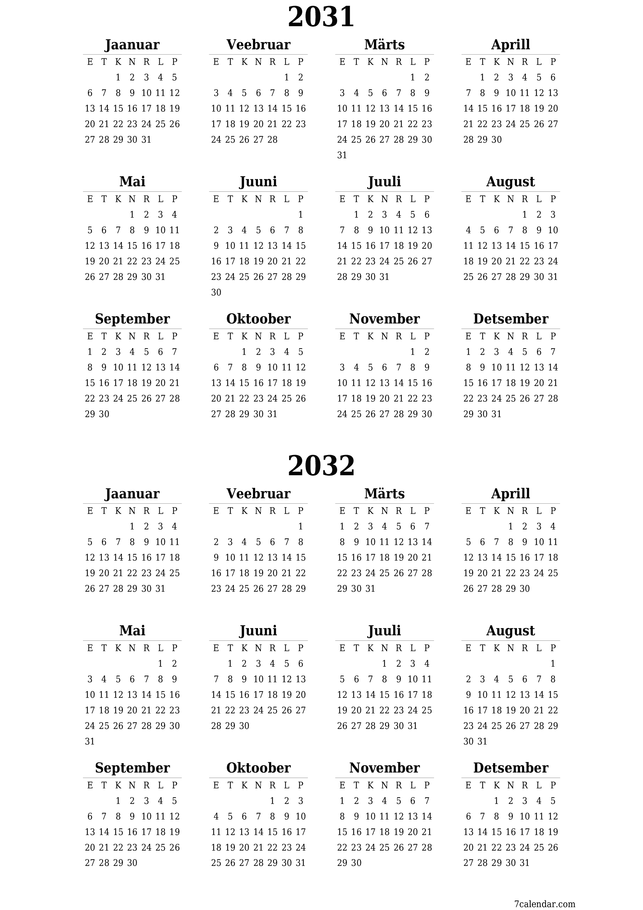 Tühi aasta planeerija kalender aastaks 2031, 2032 koos märkmetega, salvestage ja printige PDF-i PNG Estonian