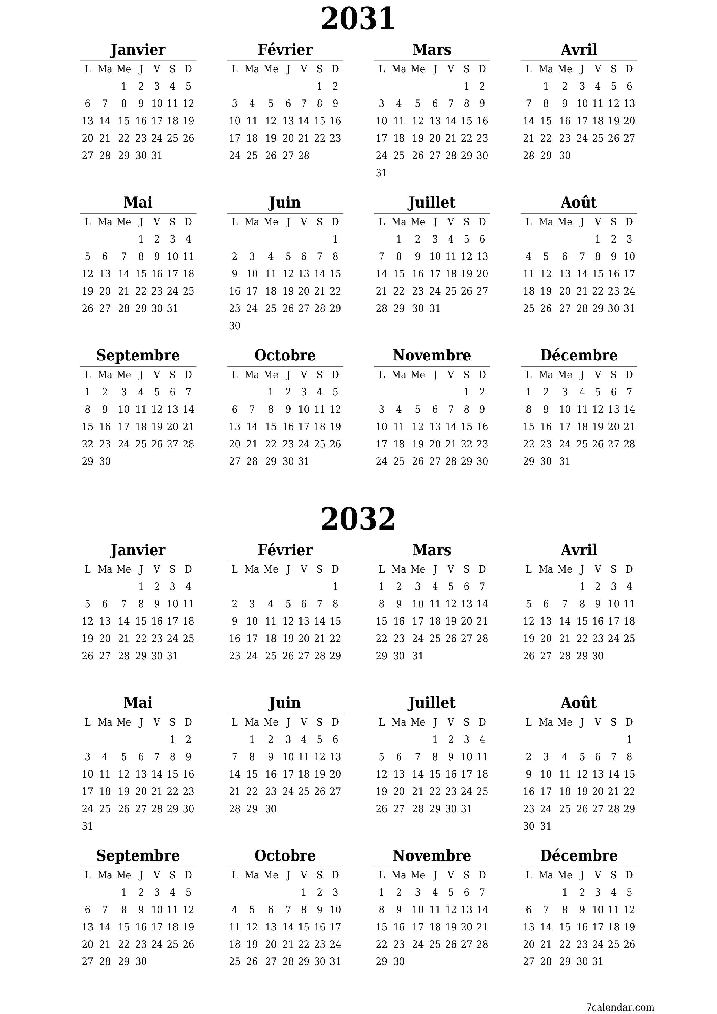 Calendrier annuel vide pour l'année 2031, 2032 avec notes, enregistrer et imprimer au format PDF PNG French