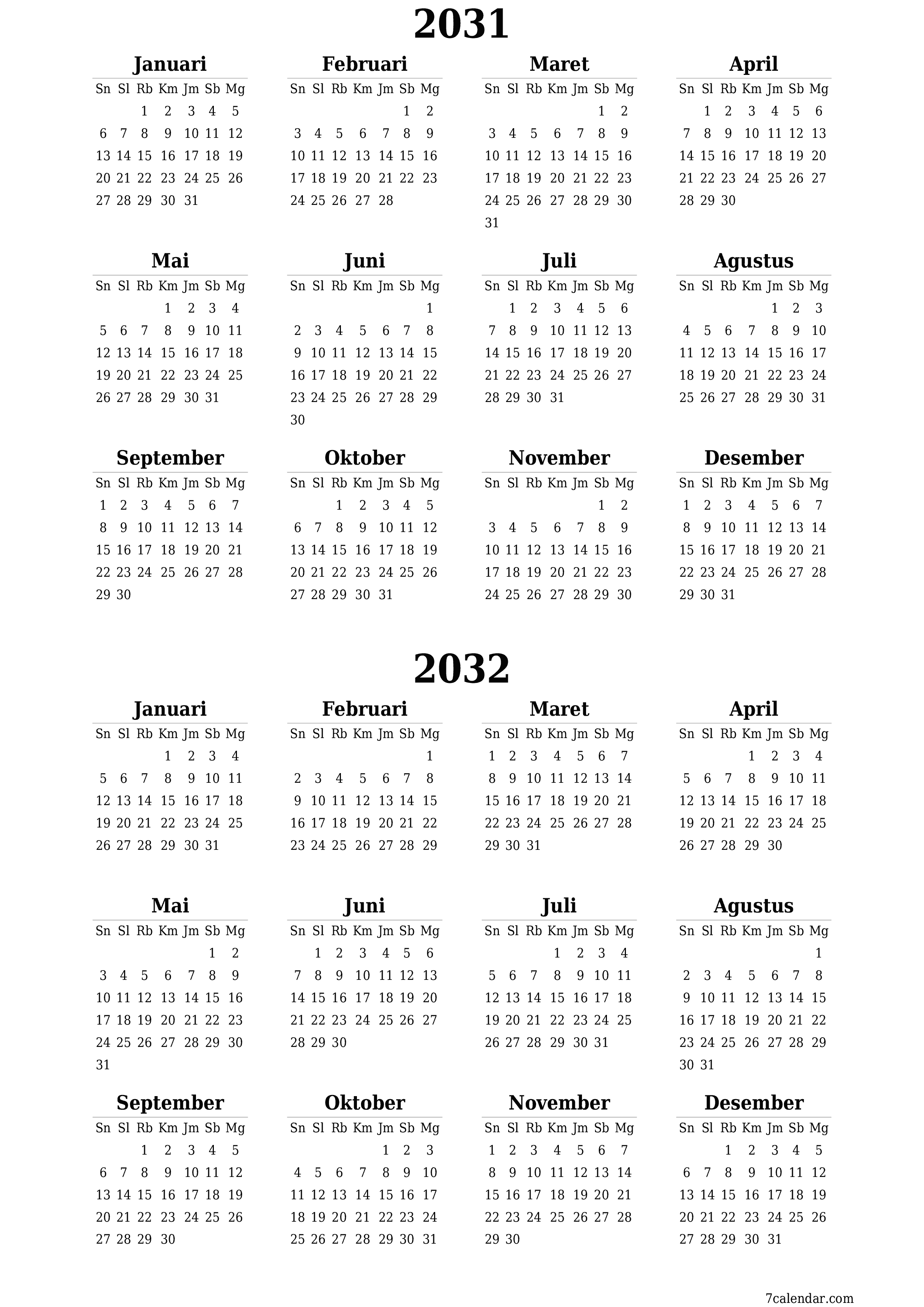 Kosongkan kalender perencana tahunan untuk tahun ini 2031, 2032 dengan catatan, simpan dan cetak ke PDF PNG Indonesian