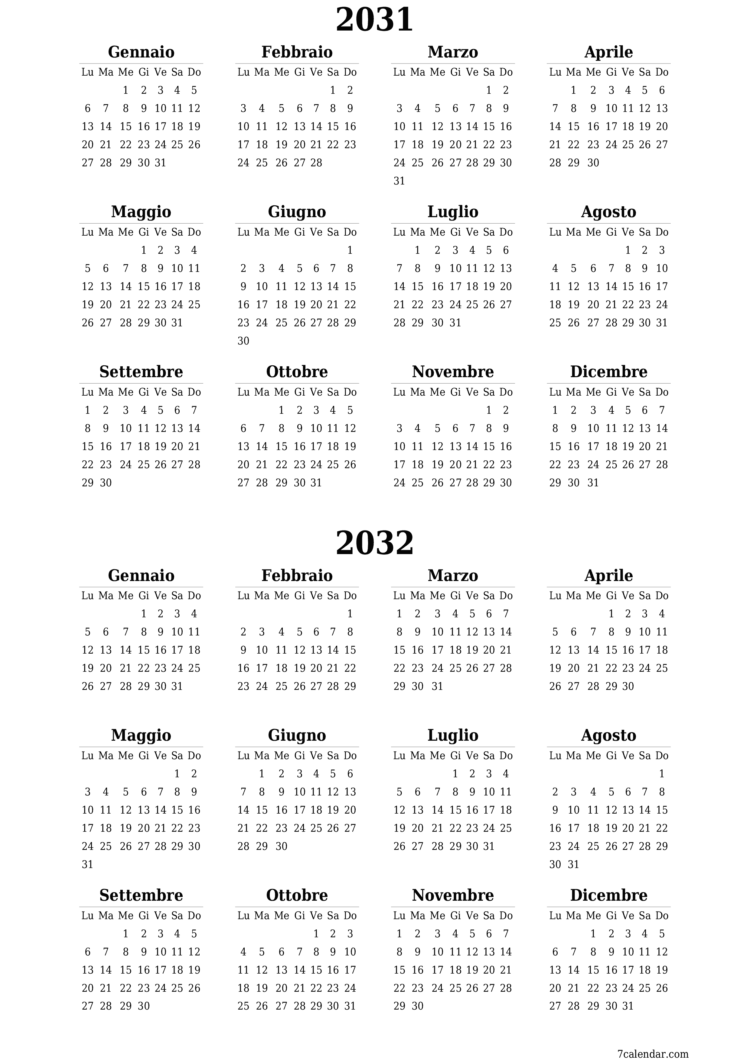  stampabile da parete modello di gratuitoverticale Annuale calendario Giugno (Giu) 2031