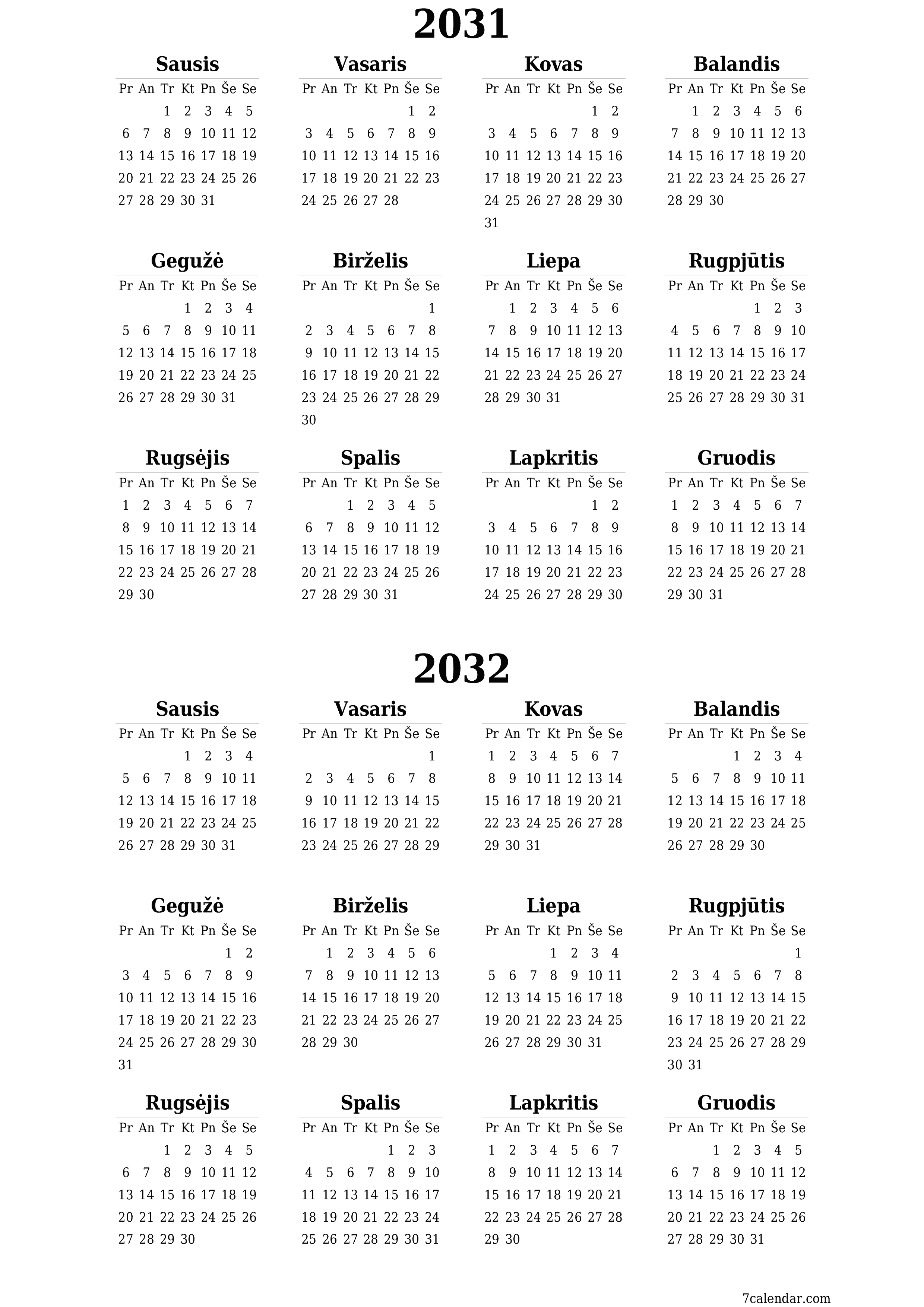 spausdinamas sieninis kalendoriaus šabloną nemokamas vertikaliai Kasmet kalendorius Birželis (Bir) 2031