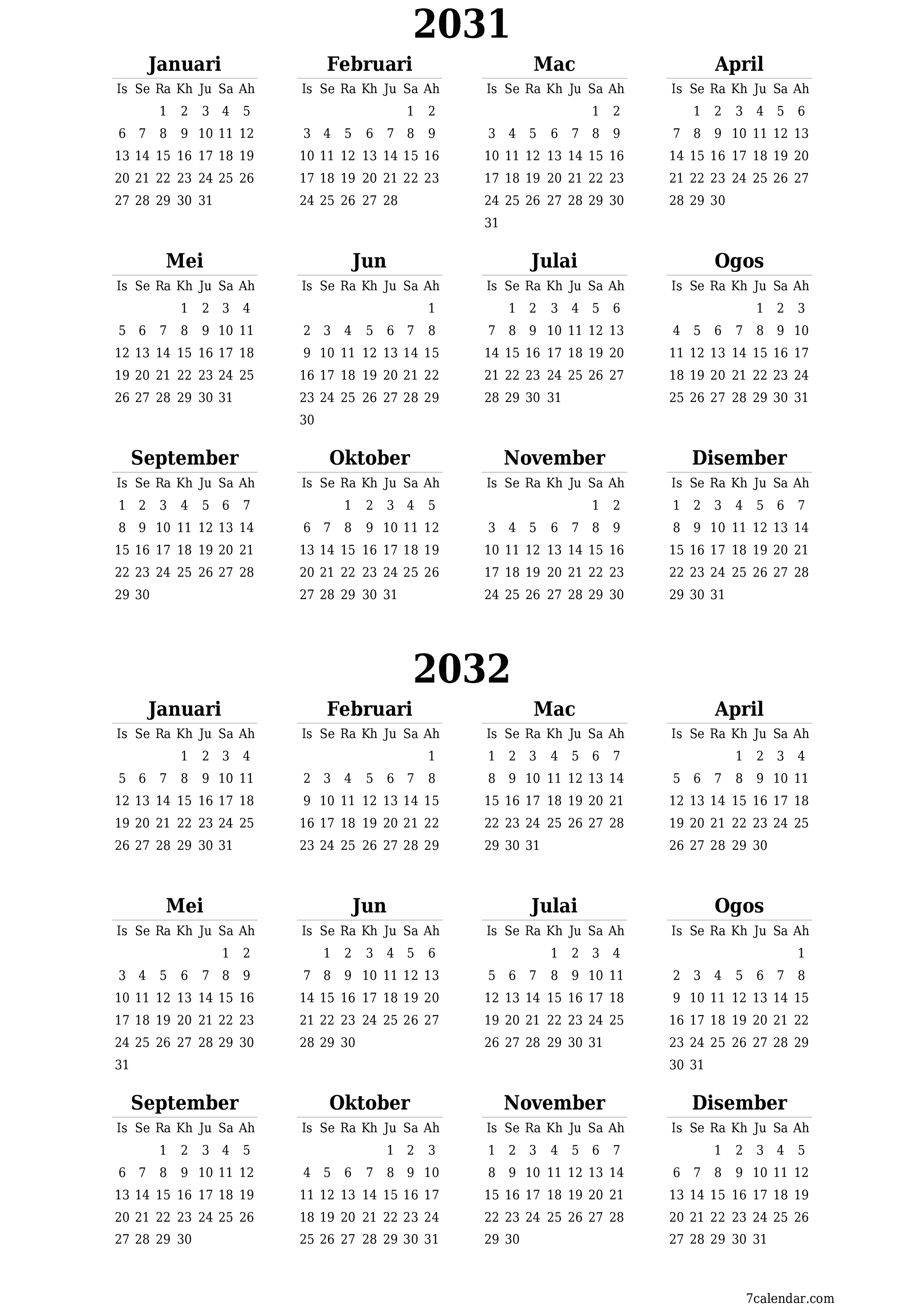 Kalendar perancang tahunan kosong untuk tahun ini 2031, 2032 dengan nota, simpan dan cetak ke PDF PNG Malay