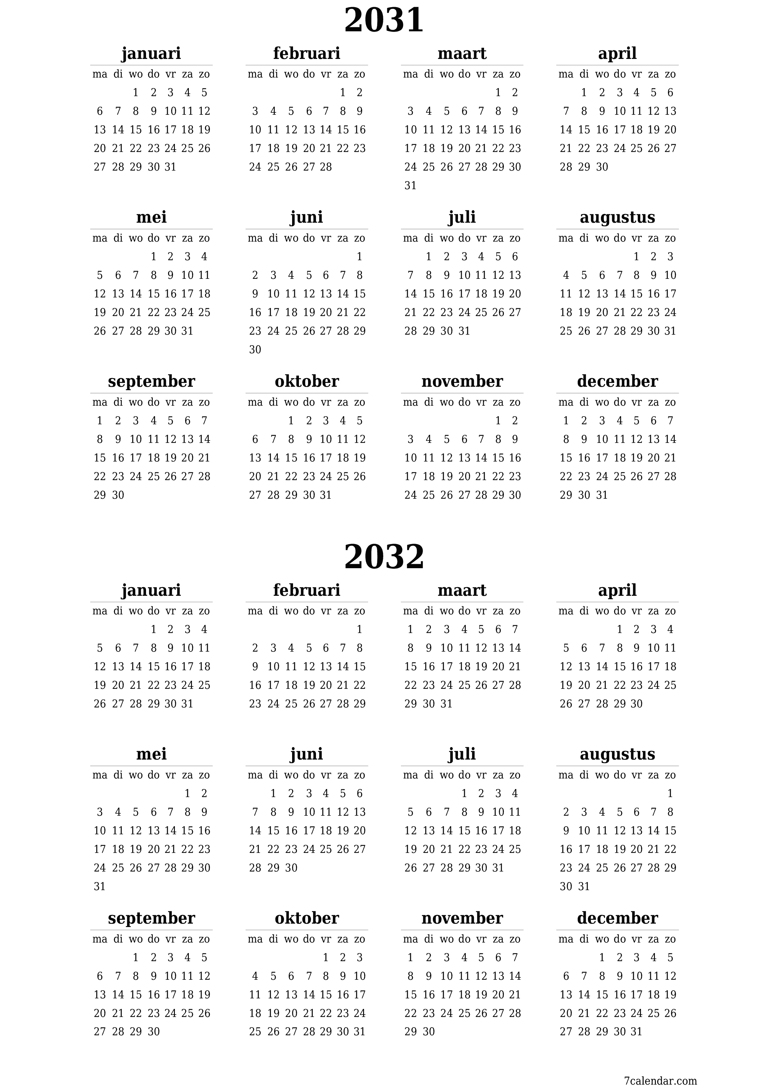 Lege jaarplanningskalender voor het jaar 2031, 2032 met notities, opslaan en afdrukken naar pdf PNG Dutch