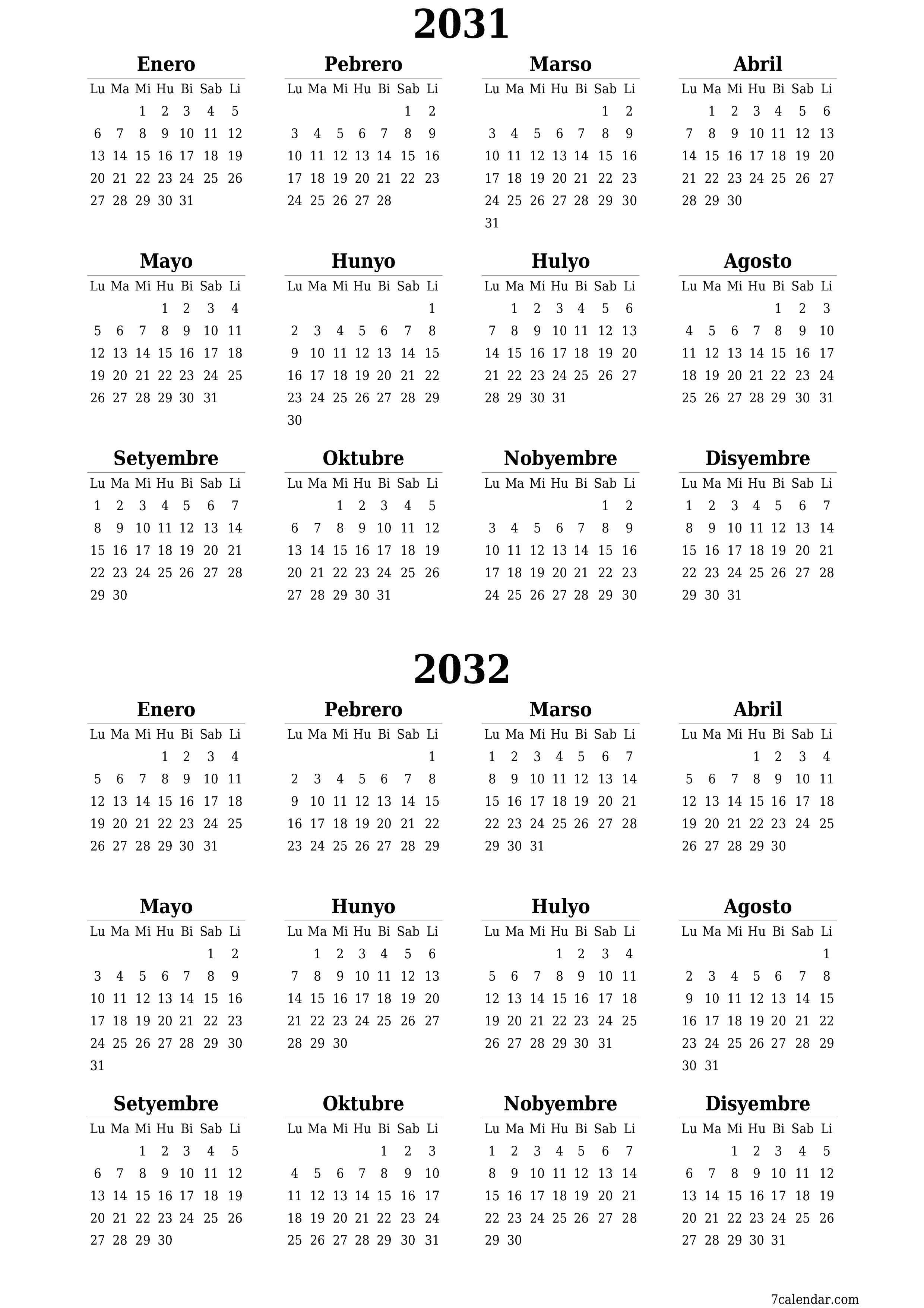 napi-print na sa dingding template ng libreng patayo Taunan kalendaryo Hunyo (Hun) 2031