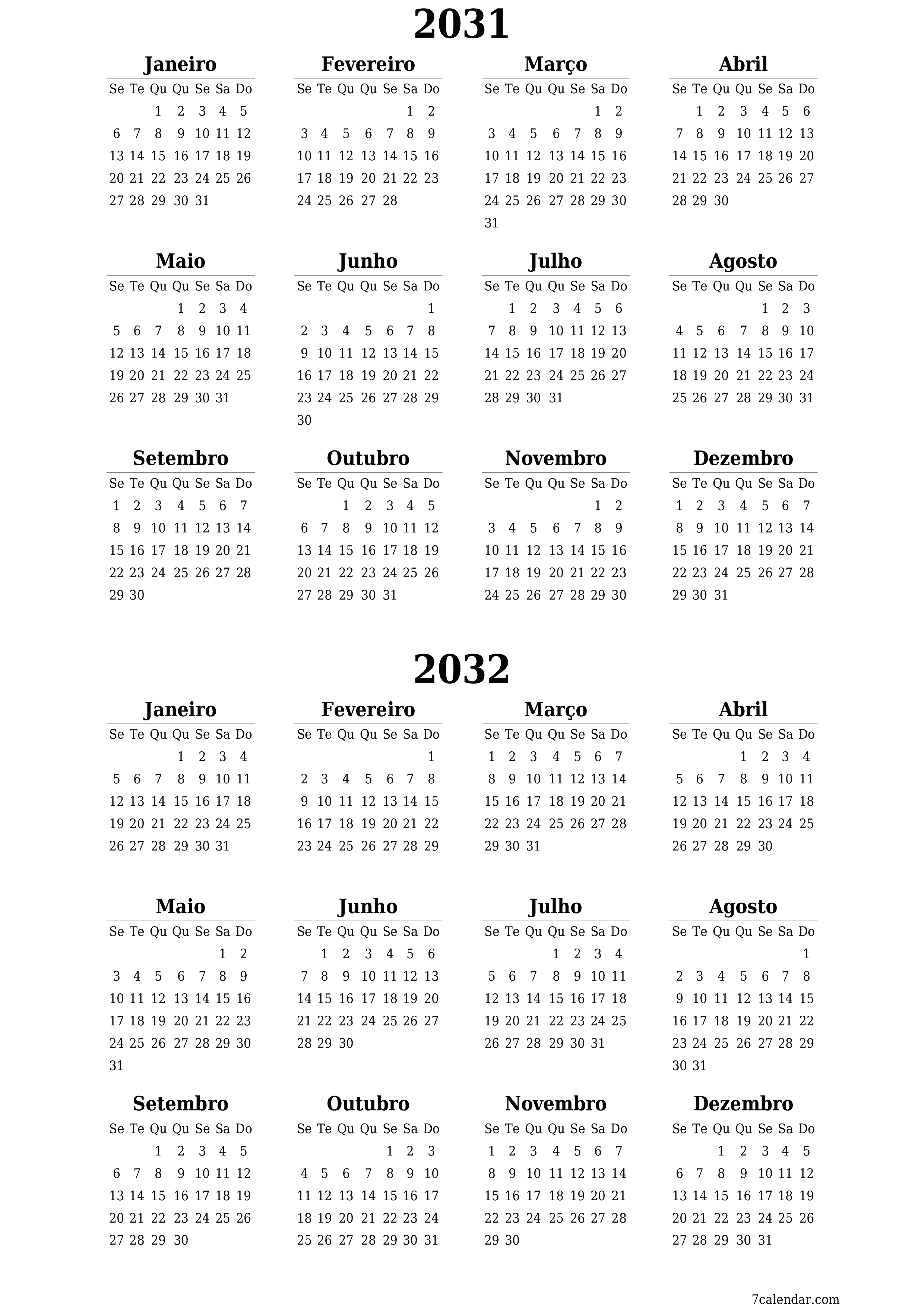 Calendário de planejador anual vazio para o ano 2031, 2032 com notas, salve e imprima em PDF PNG Portuguese