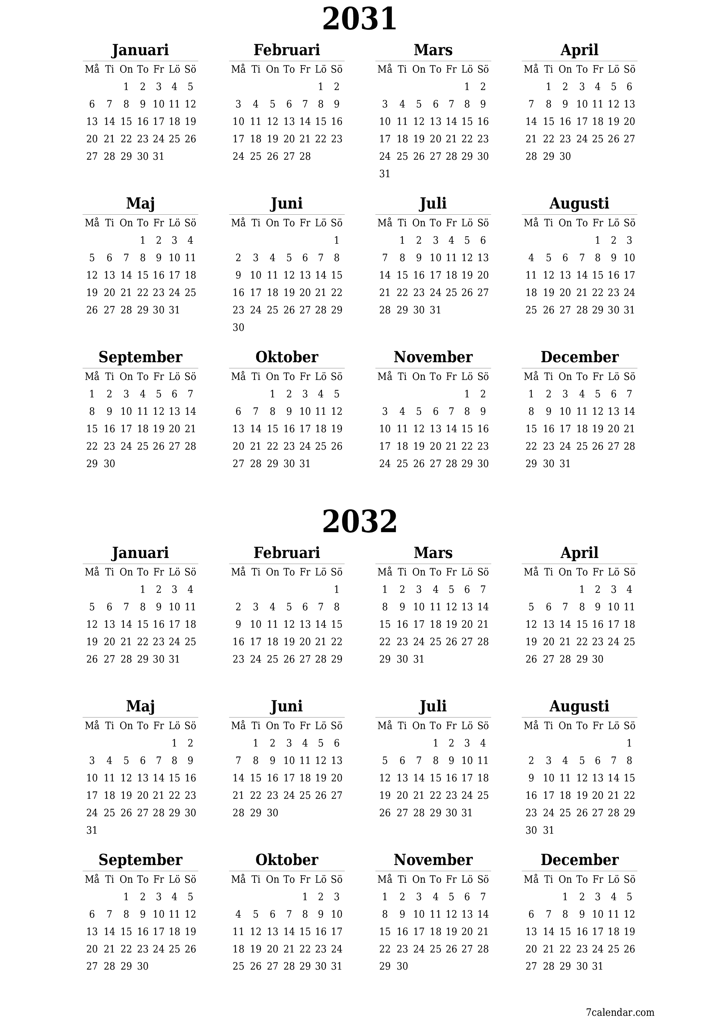 Tom årlig planeringskalender för året 2031, 2032 med anteckningar, spara och skriv ut till PDF PNG Swedish