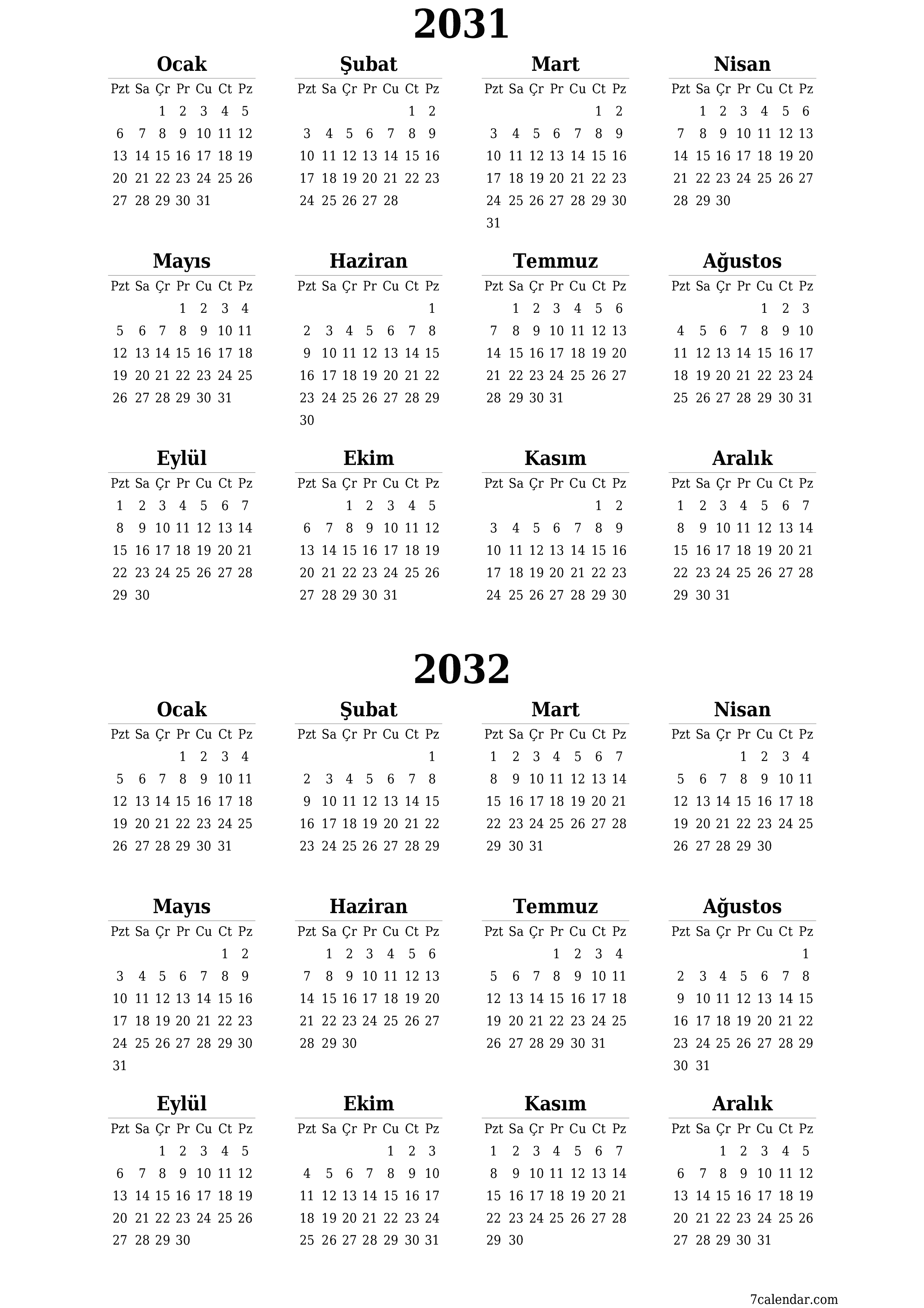 Notlarla 2031, 2032 yıl için yıllık planlayıcı takvimini boşaltın, kaydedin ve PDF olarak yazdırın PNG Turkish