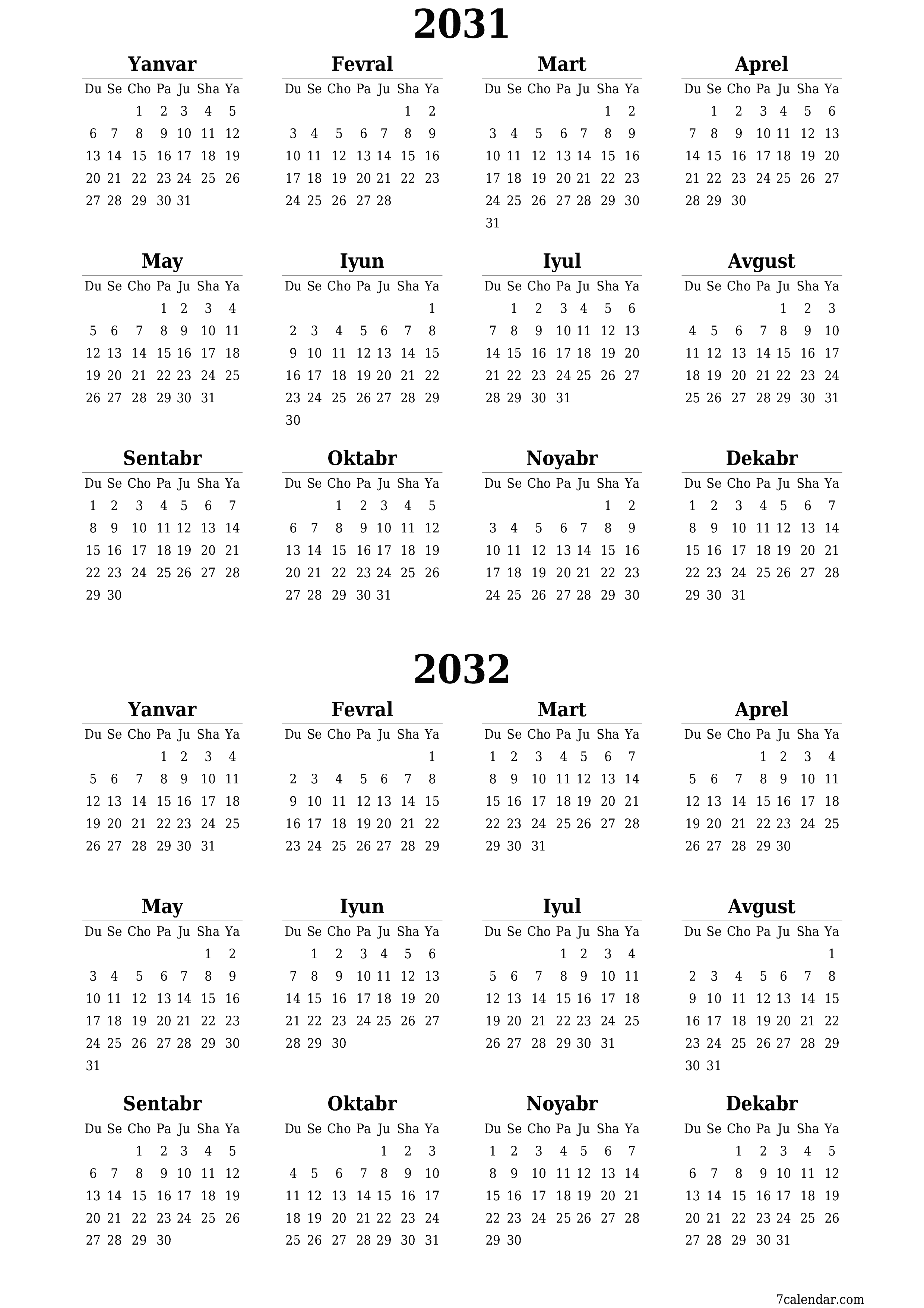 chop etiladigan devor taqvimi shabloni bepul vertikal Yillik kalendar Iyun (Iyun) 2031