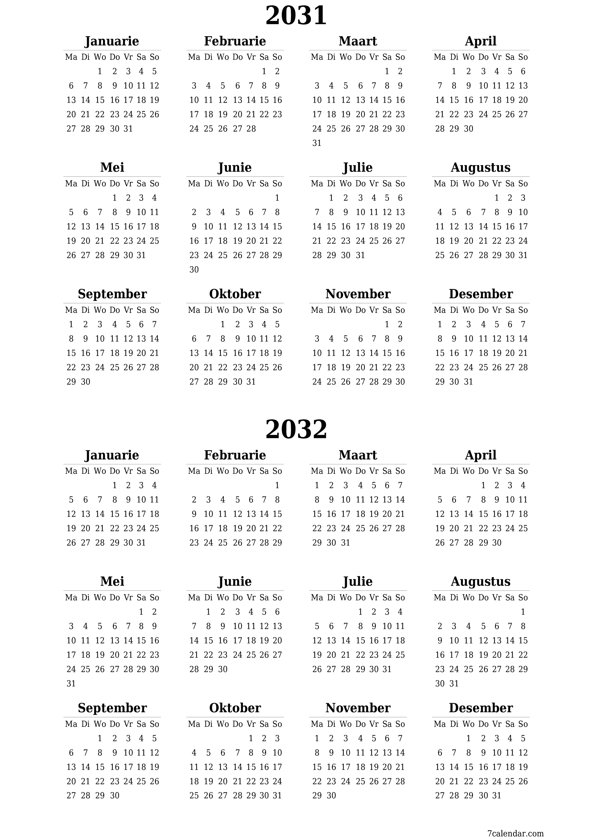 Leë jaarlikse drukbare kalender en beplanner vir die jaar 2031, 2032 met notas, stoor en druk na PDF PNG Afrikaans