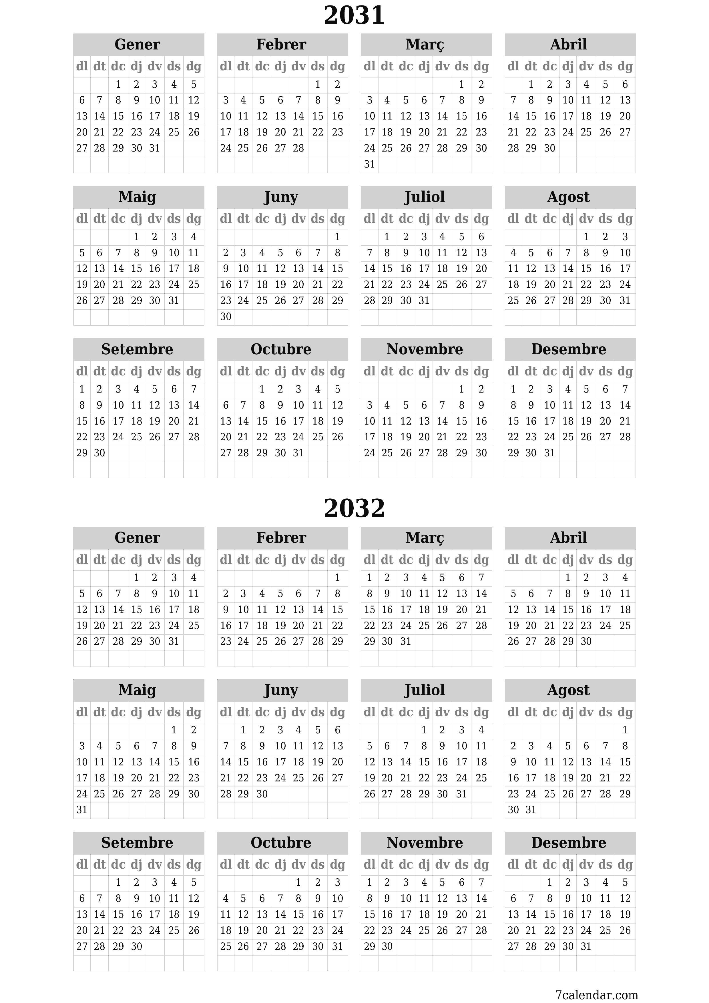 Planificador anual buit 2031, 2032 amb notes desades i imprimides en PDF PNG Catalan
