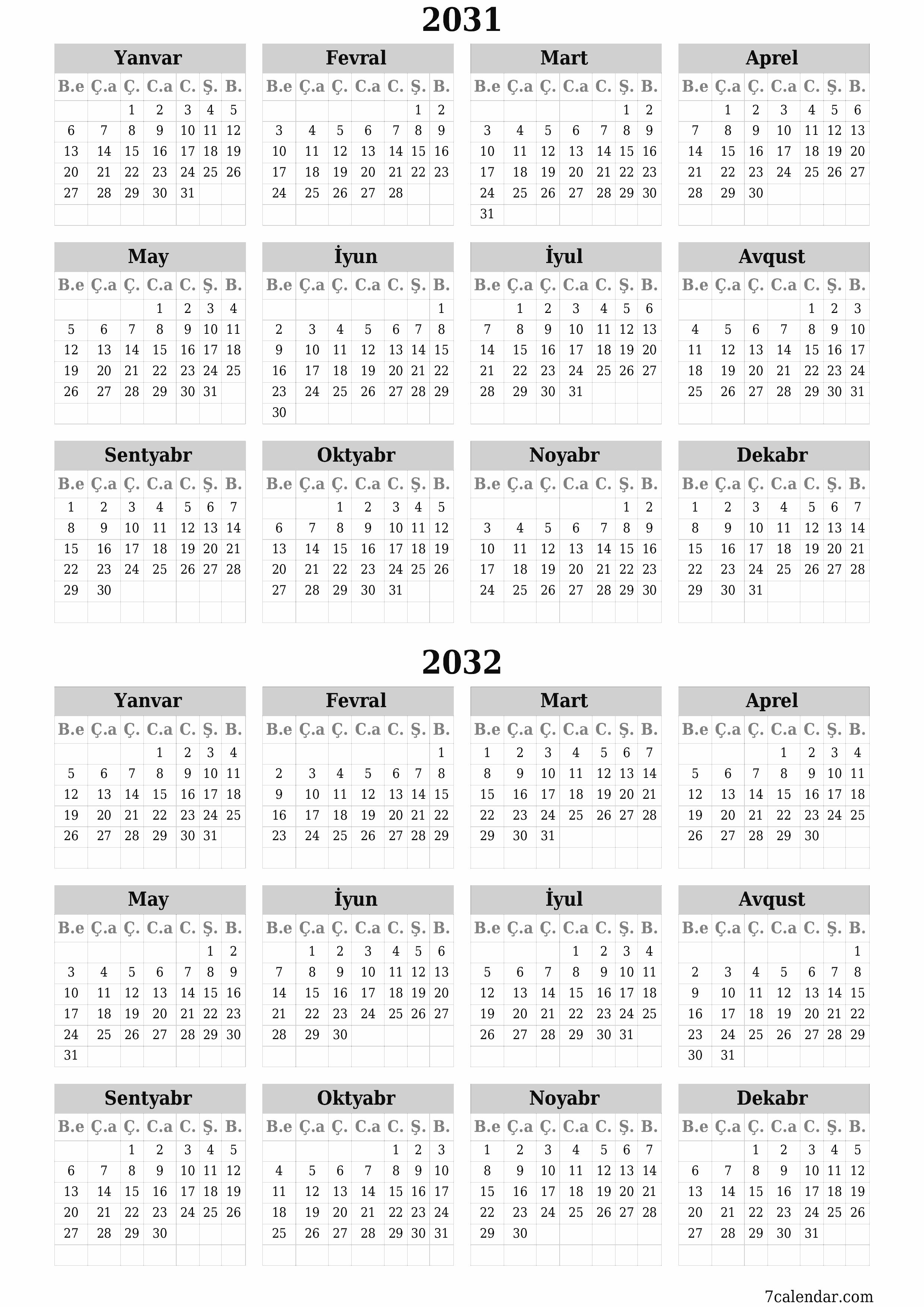 çap edilə bilən divar i şablonu pulsuz şaquli İllik təqvim İyun (İyun) 2031