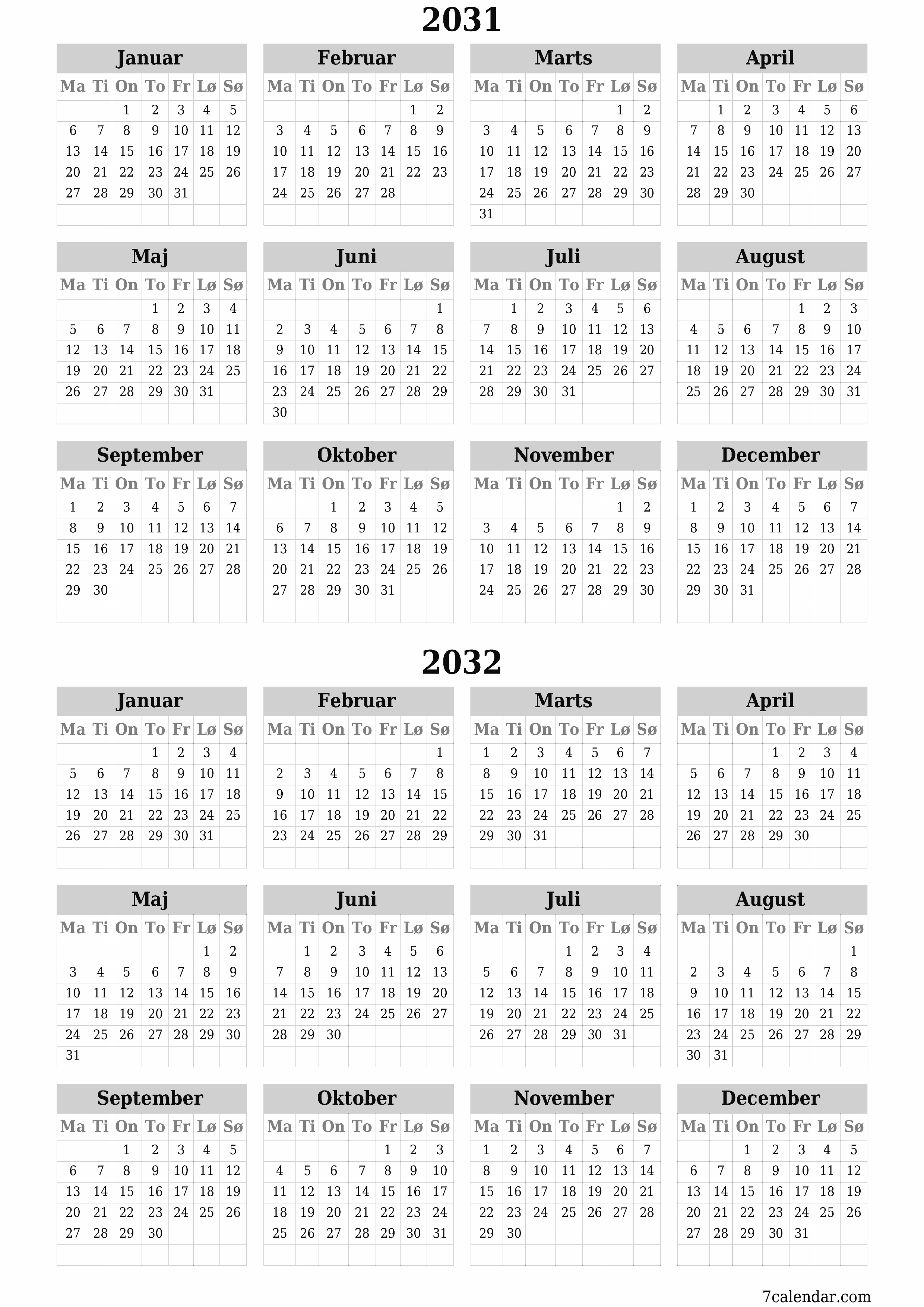 Tom årlig planlægningskalender for året 2031, 2032 med noter, gem og udskriv til PDF PNG Danish