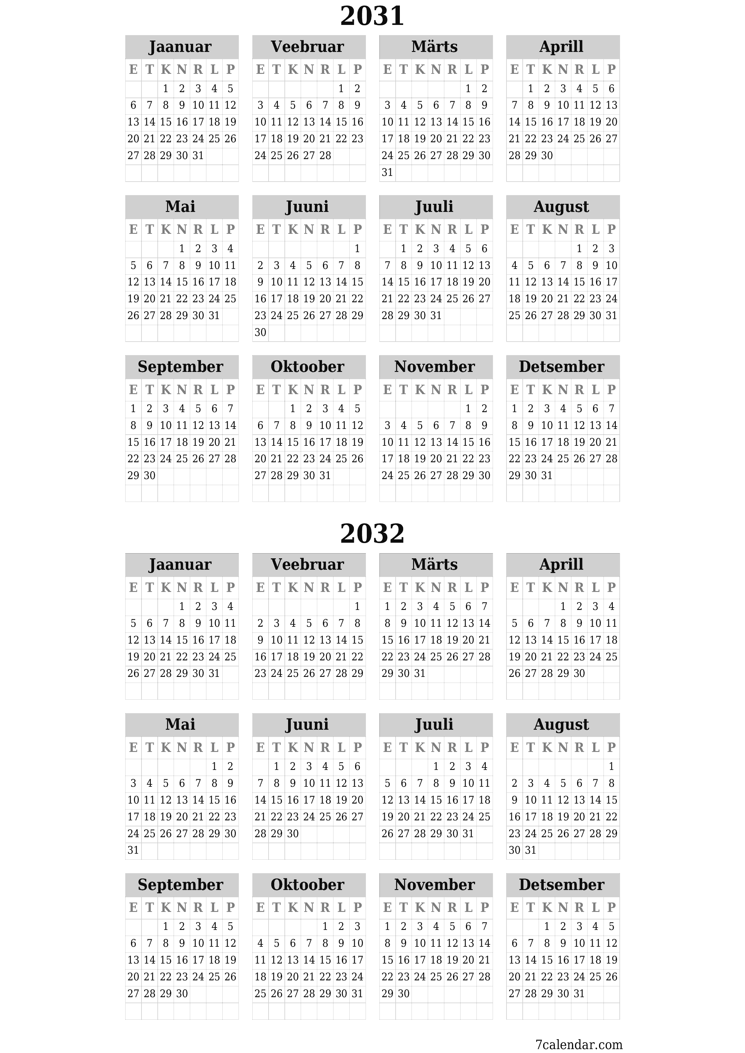 Tühi aasta planeerija kalender aastaks 2031, 2032 koos märkmetega, salvestage ja printige PDF-i PNG Estonian