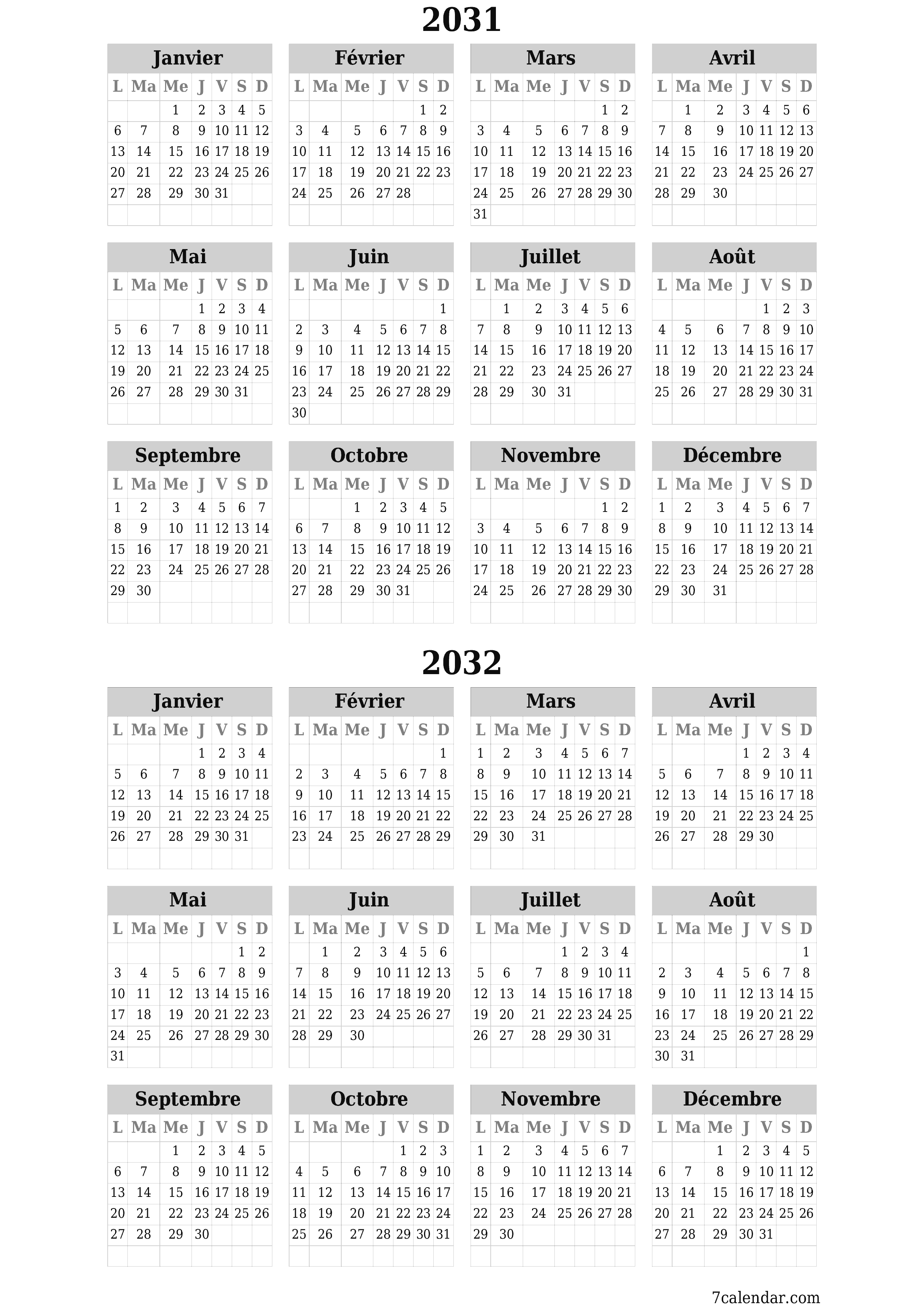  imprimable mural modèle de gratuitverticale Annuel calendrier Juin (Jui) 2031