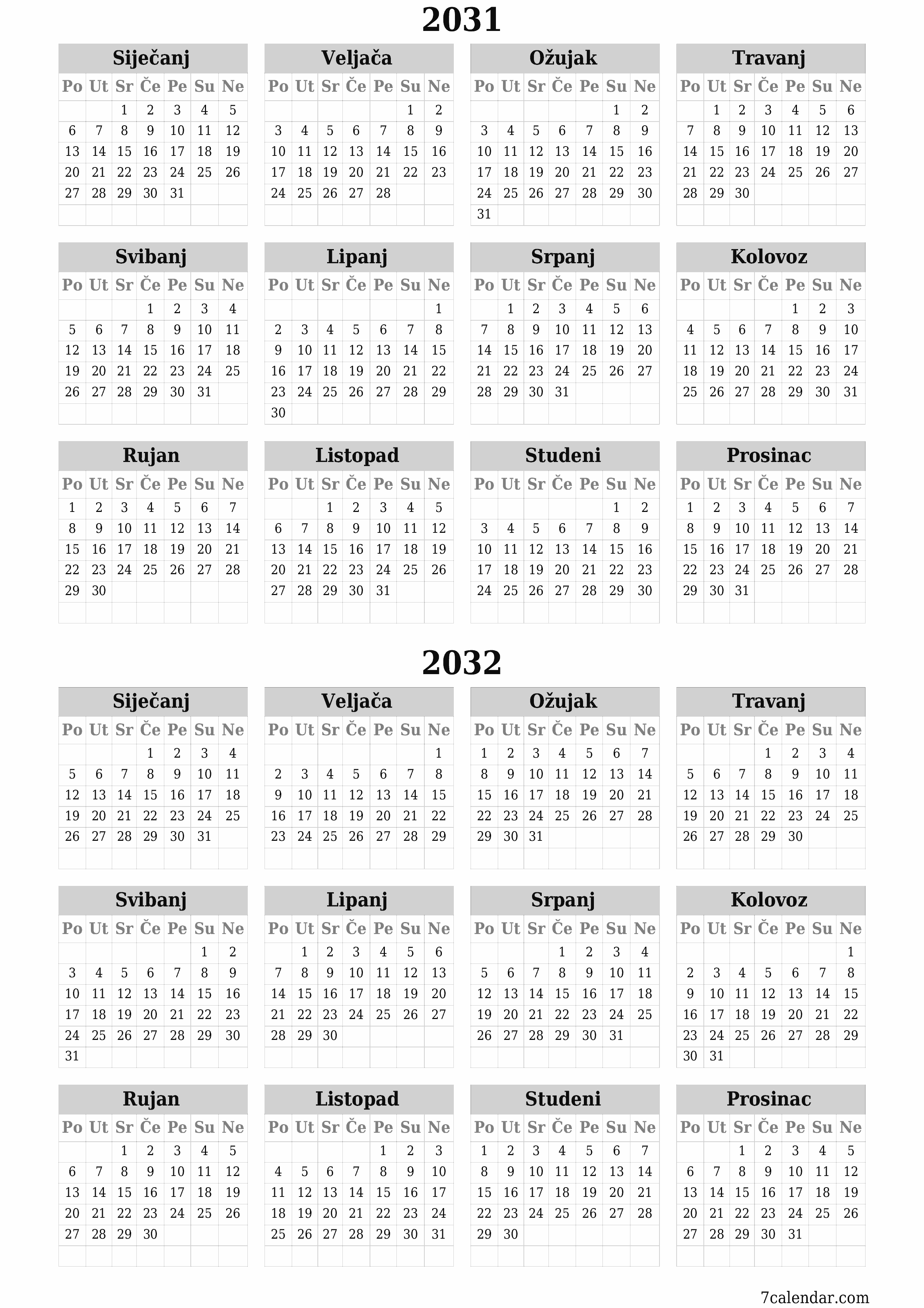  za ispis zidni predložak a besplatni okomito Godišnje kalendar Lipanj (Lip) 2031