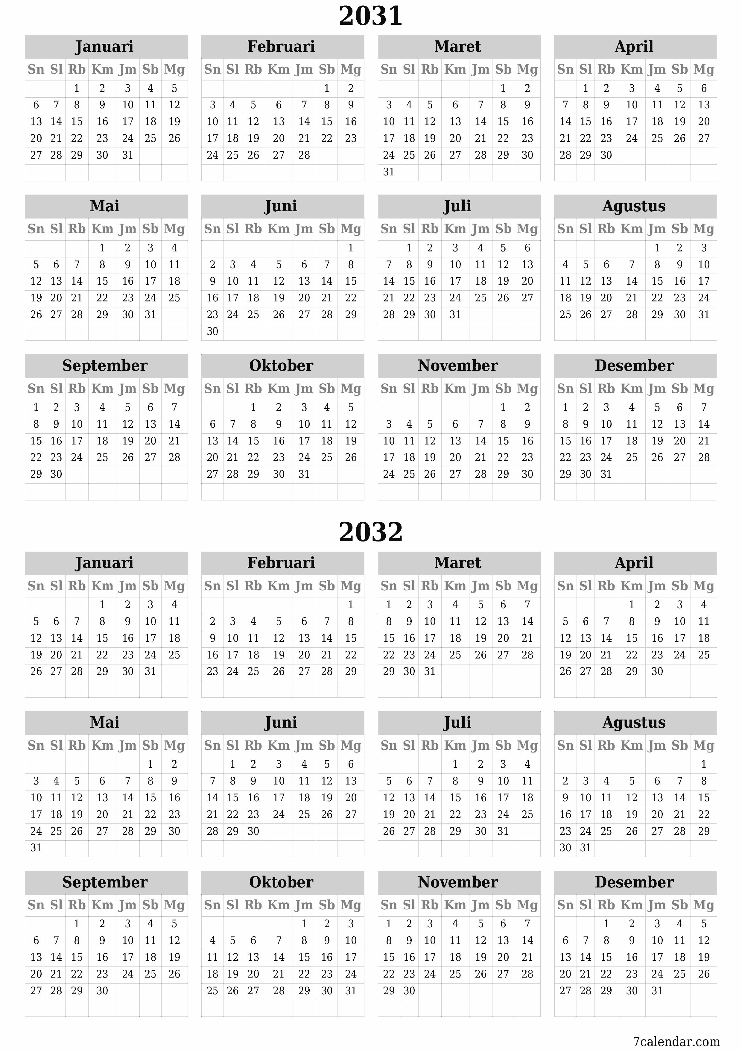 Kosongkan kalender perencana tahunan untuk tahun ini 2031, 2032 dengan catatan, simpan dan cetak ke PDF PNG Indonesian