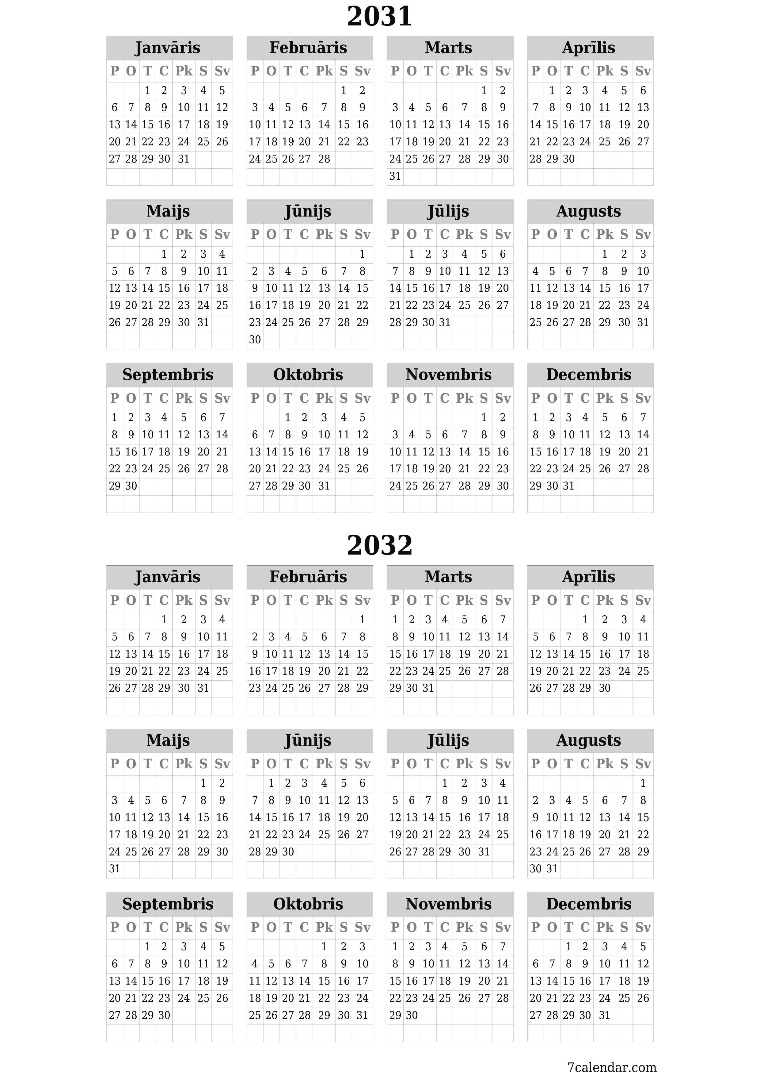 Tukšs gada plānotāja kalendārs gadam 2031, 2032 ar piezīmēm, saglabāšana un izdrukāšana PDF formātā PNG Latvian