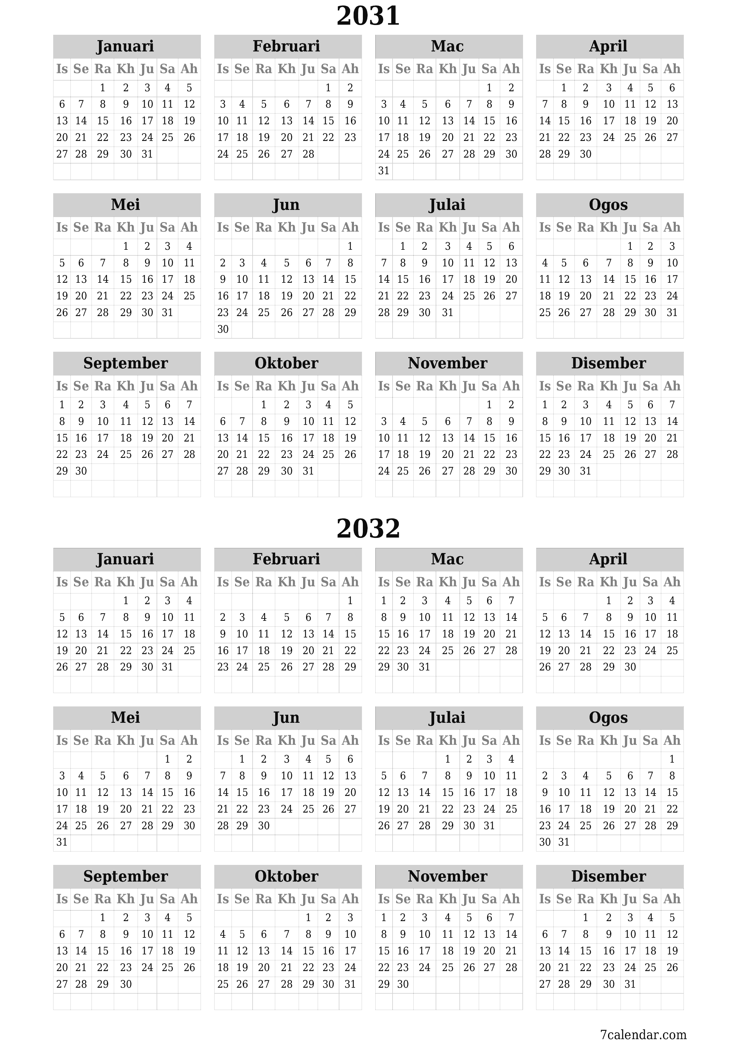 Kalendar perancang tahunan kosong untuk tahun ini 2031, 2032 dengan nota, simpan dan cetak ke PDF PNG Malay