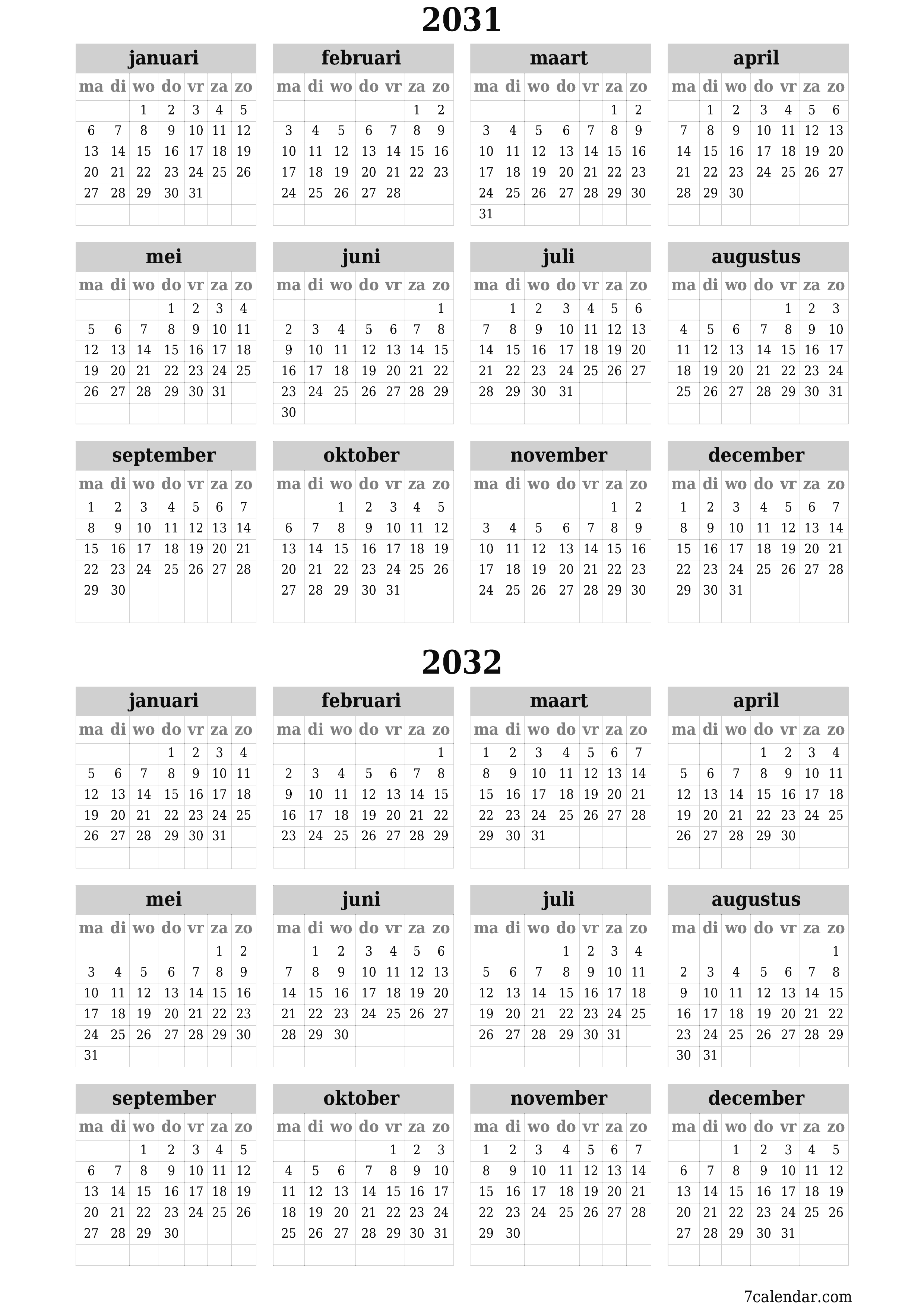 Lege jaarplanningskalender voor het jaar 2031, 2032 met notities, opslaan en afdrukken naar pdf PNG Dutch