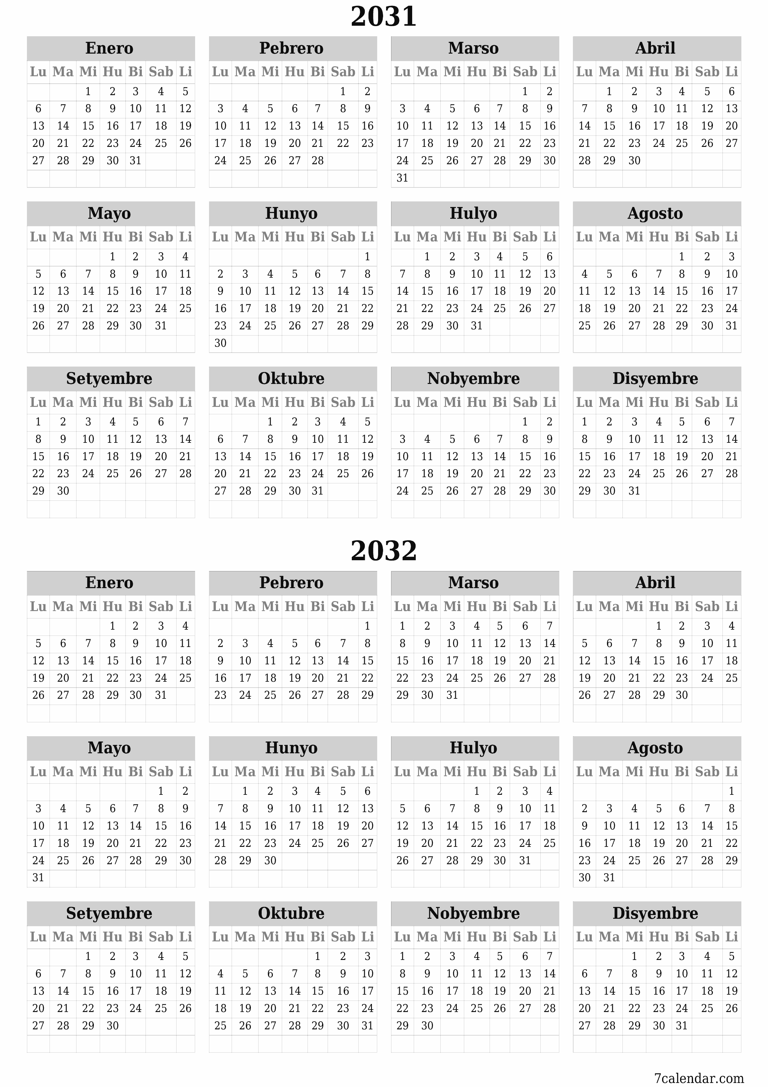 napi-print na sa dingding template ng libreng patayo Taunan kalendaryo Hunyo (Hun) 2031