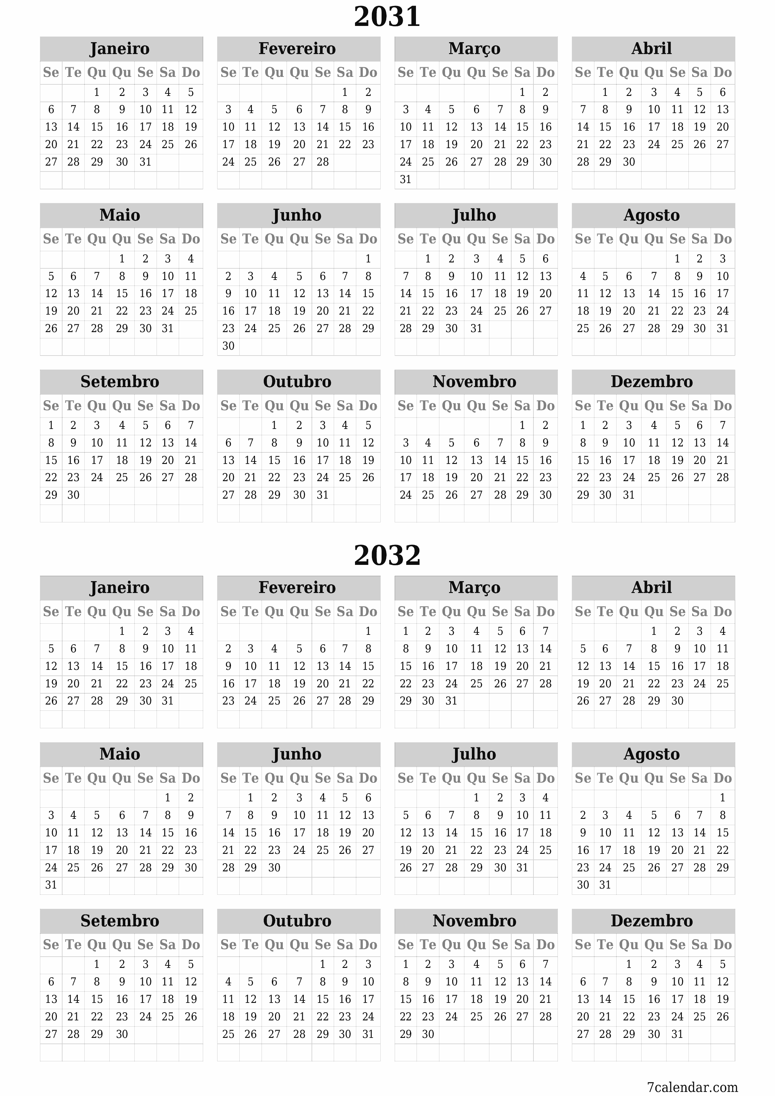 Calendário de planejador anual vazio para o ano 2031, 2032 com notas, salve e imprima em PDF PNG Portuguese