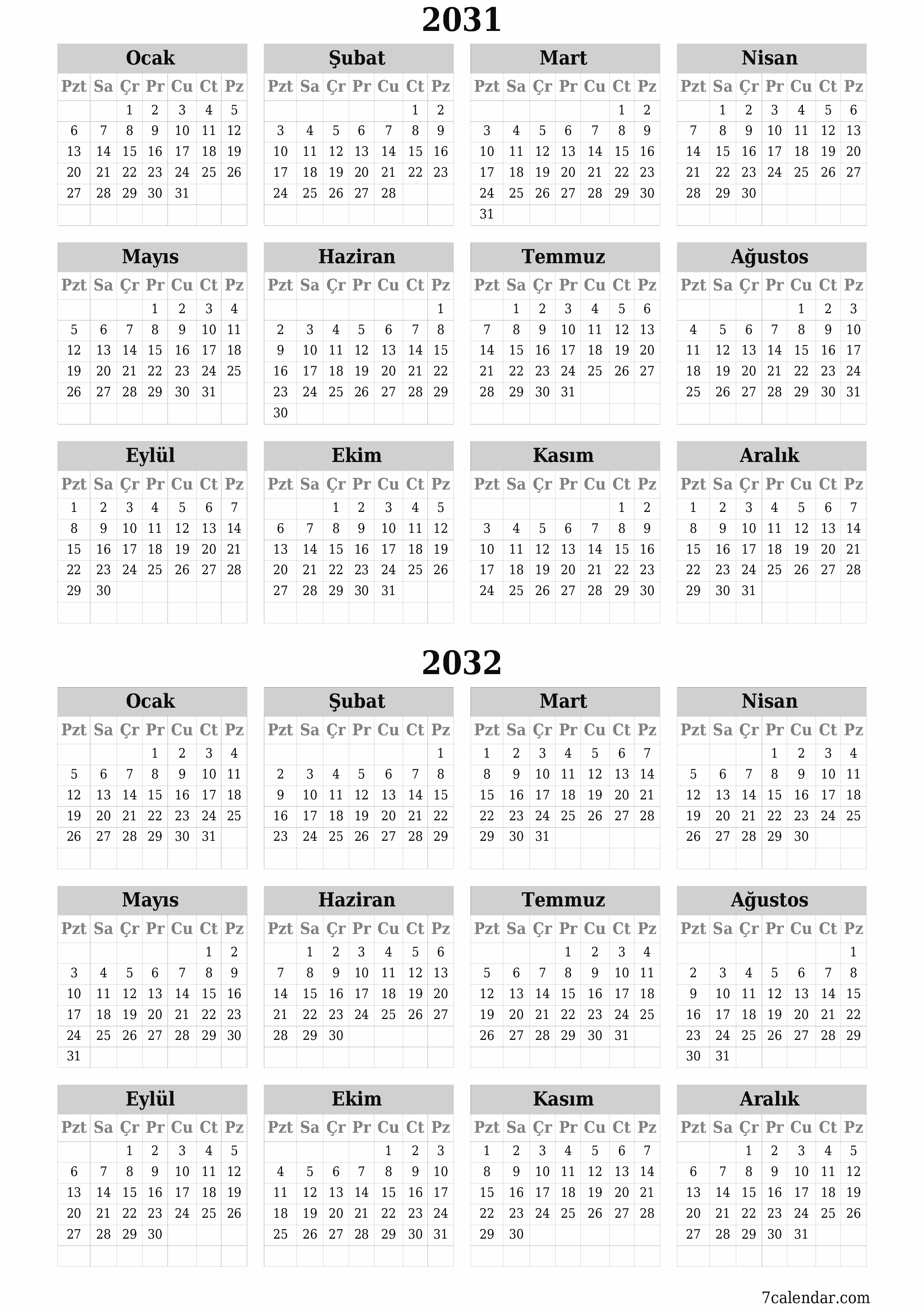 yazdırılabilir duvar i şablonu ücretsiz dikey Yıllık takvim Haziran (Haz) 2031