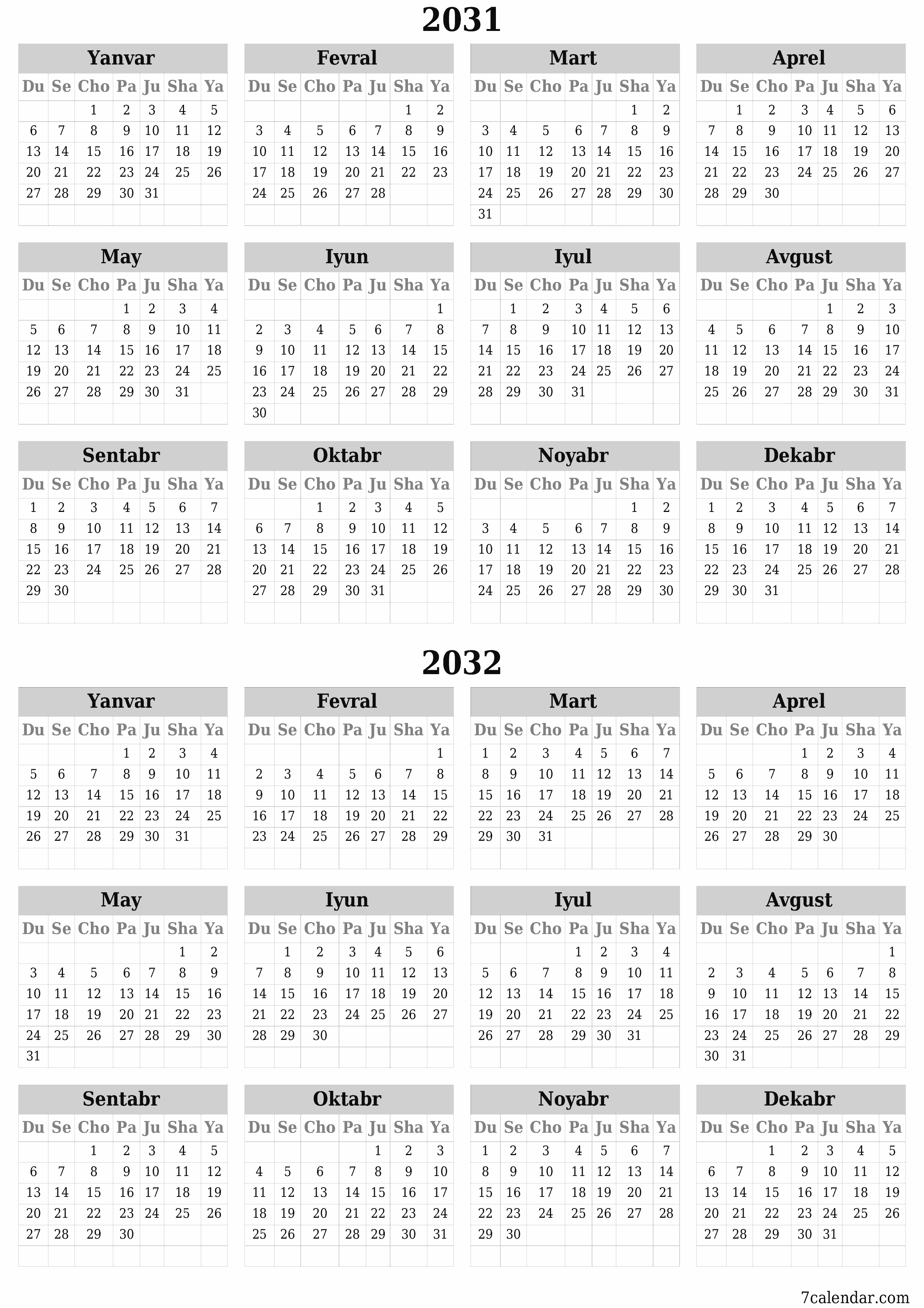 chop etiladigan devor taqvimi shabloni bepul vertikal Yillik kalendar Iyun (Iyun) 2031