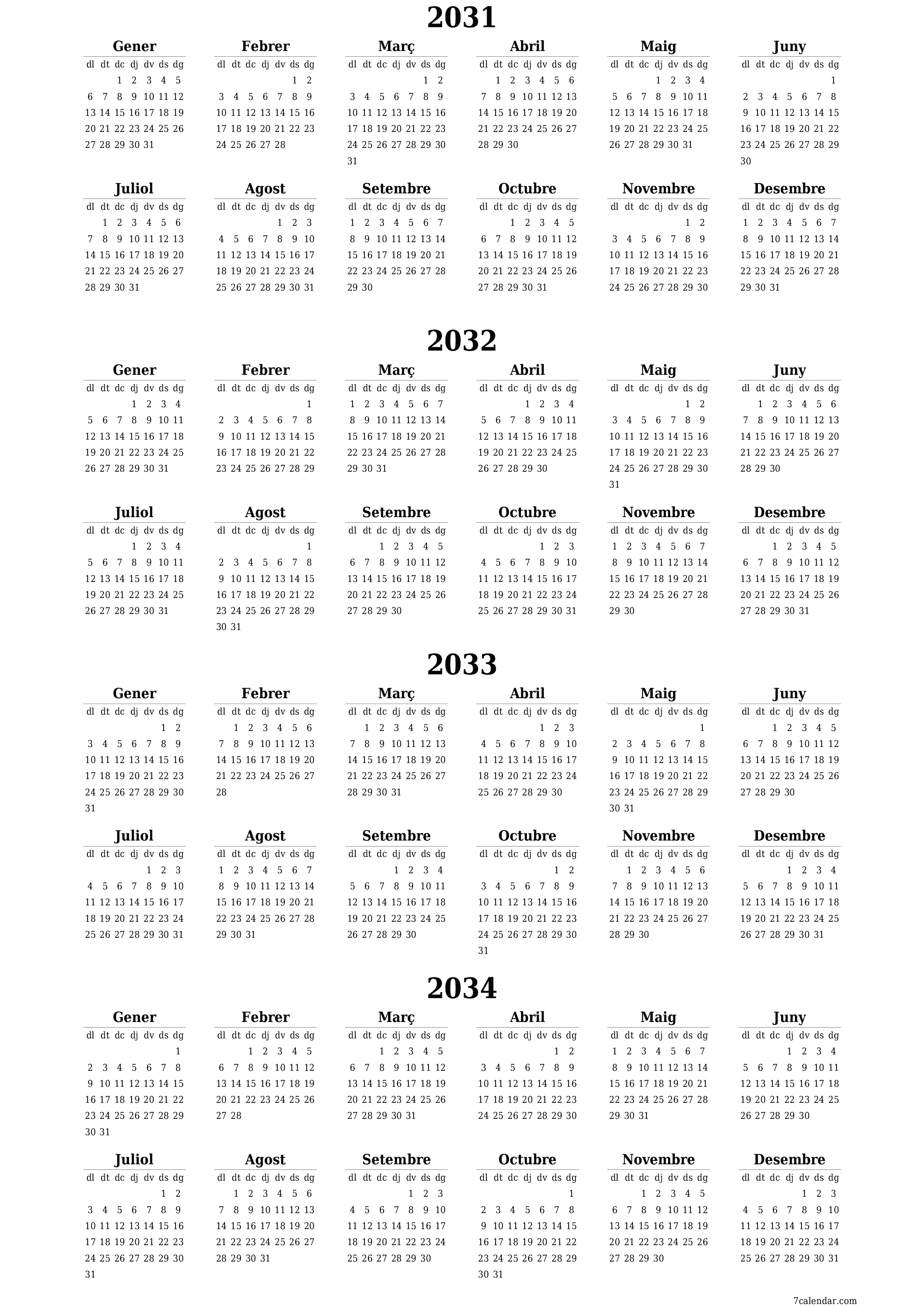 Planificador anual buit 2031, 2032, 2033, 2034 amb notes desades i imprimides en PDF PNG Catalan