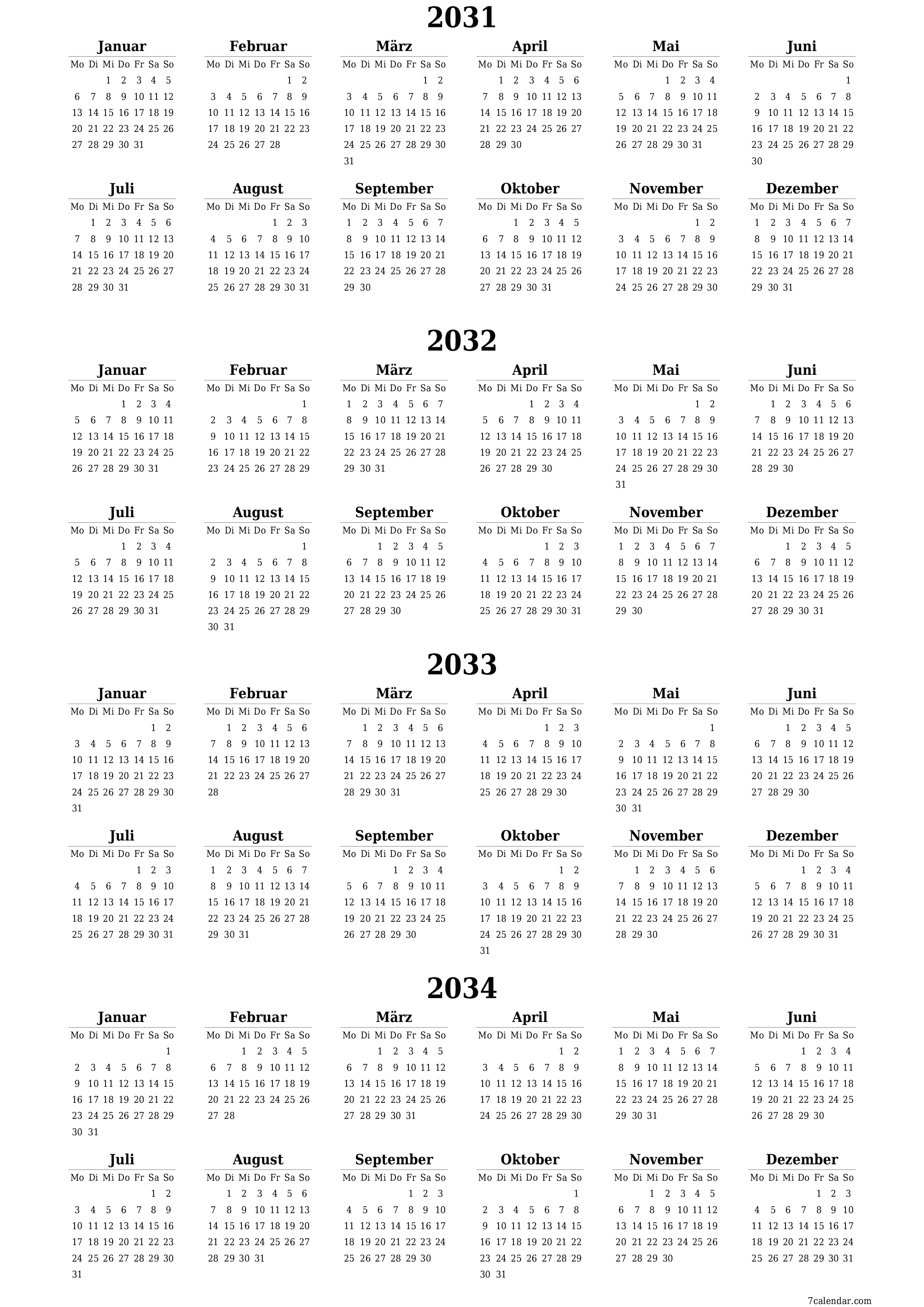 Jahresplanerkalender für das Jahr 2031, 2032, 2033, 2034 mit Notizen leeren, speichern und als PDF PNG German - 7calendar.com drucken