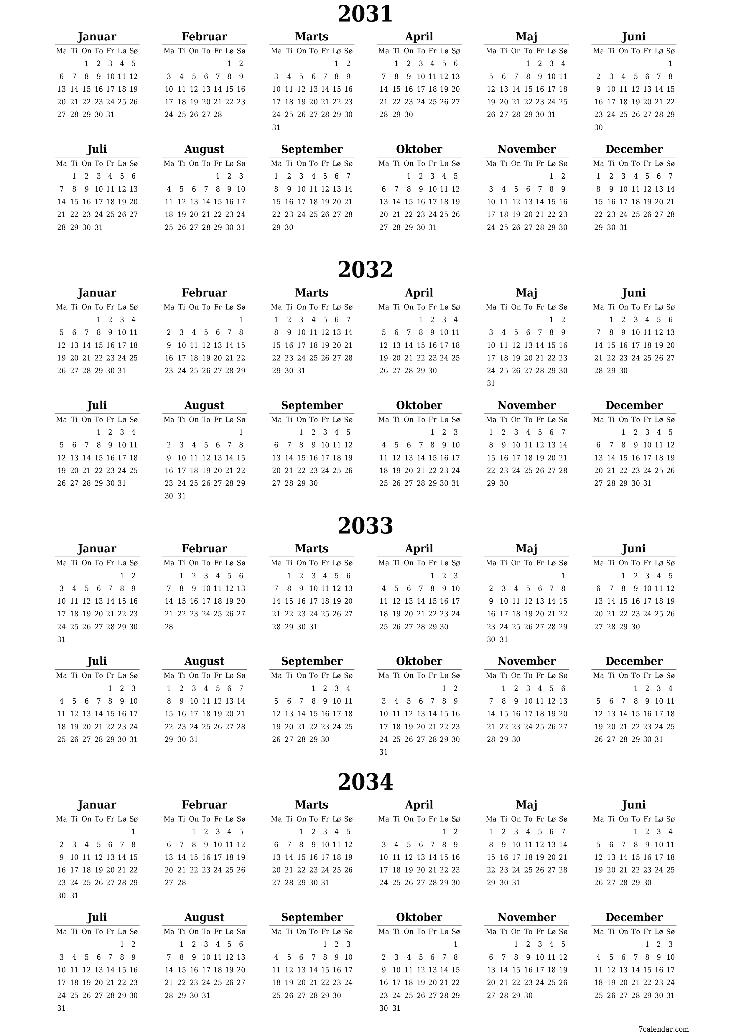 Tom årlig planlægningskalender for året 2031, 2032, 2033, 2034 med noter, gem og udskriv til PDF PNG Danish