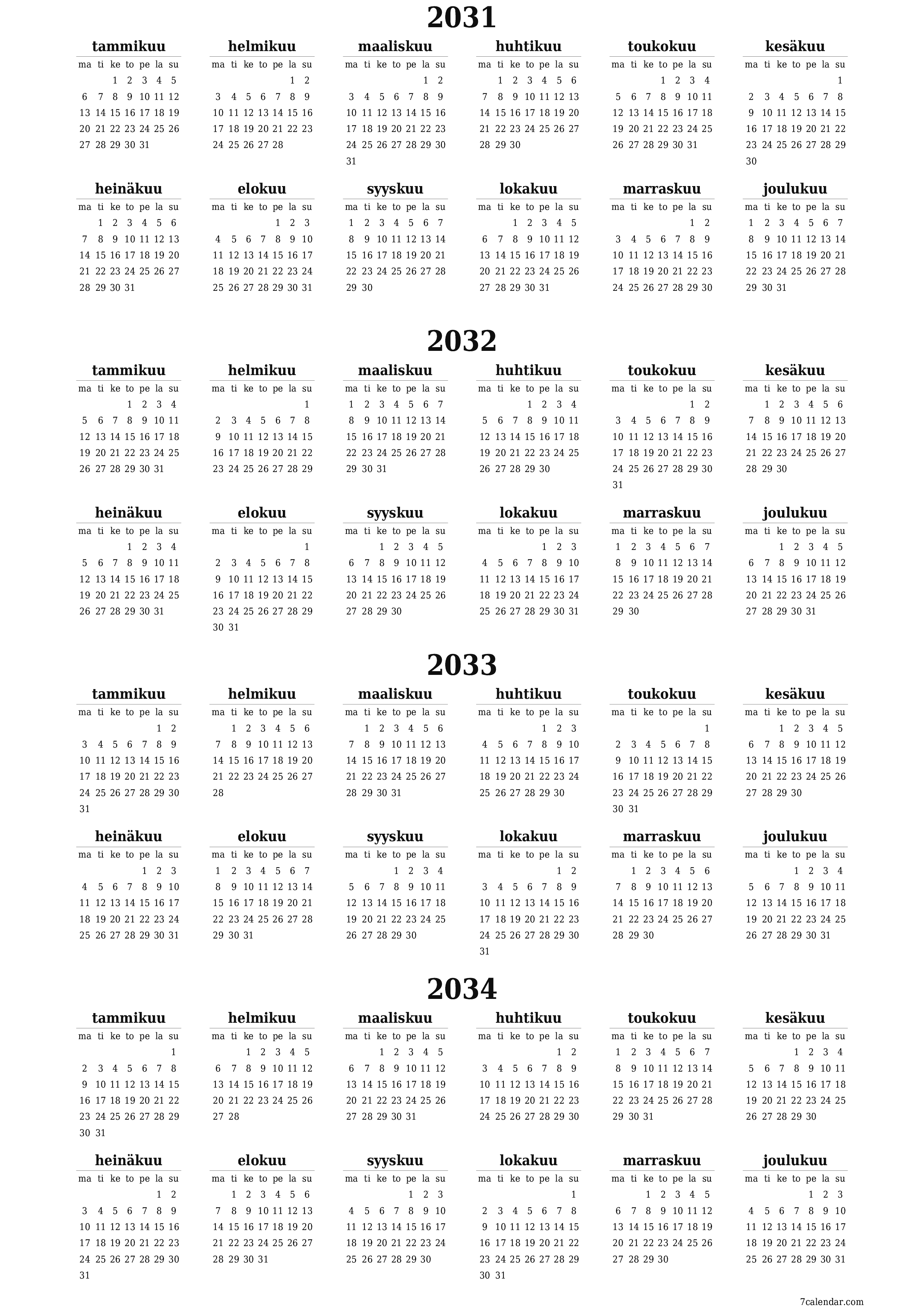 Tyhjä vuosisuunnittelukalenteri vuodelle 2031, 2032, 2033, 2034 muistiinpanoilla, tallenna ja tulosta PDF-muotoon PNG Finnish