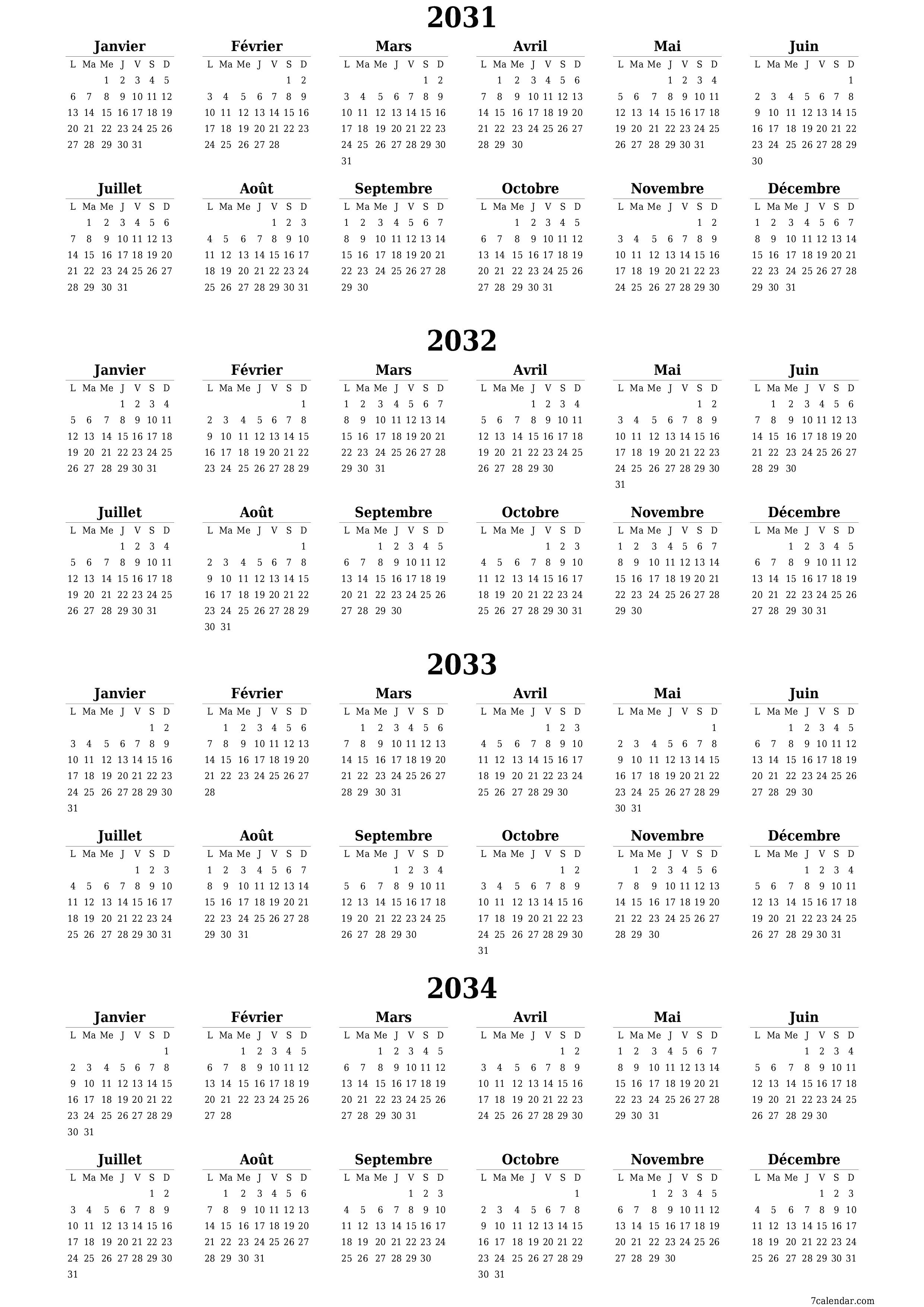 Calendrier annuel vide pour l'année 2031, 2032, 2033, 2034 avec notes, enregistrer et imprimer au format PDF PNG French