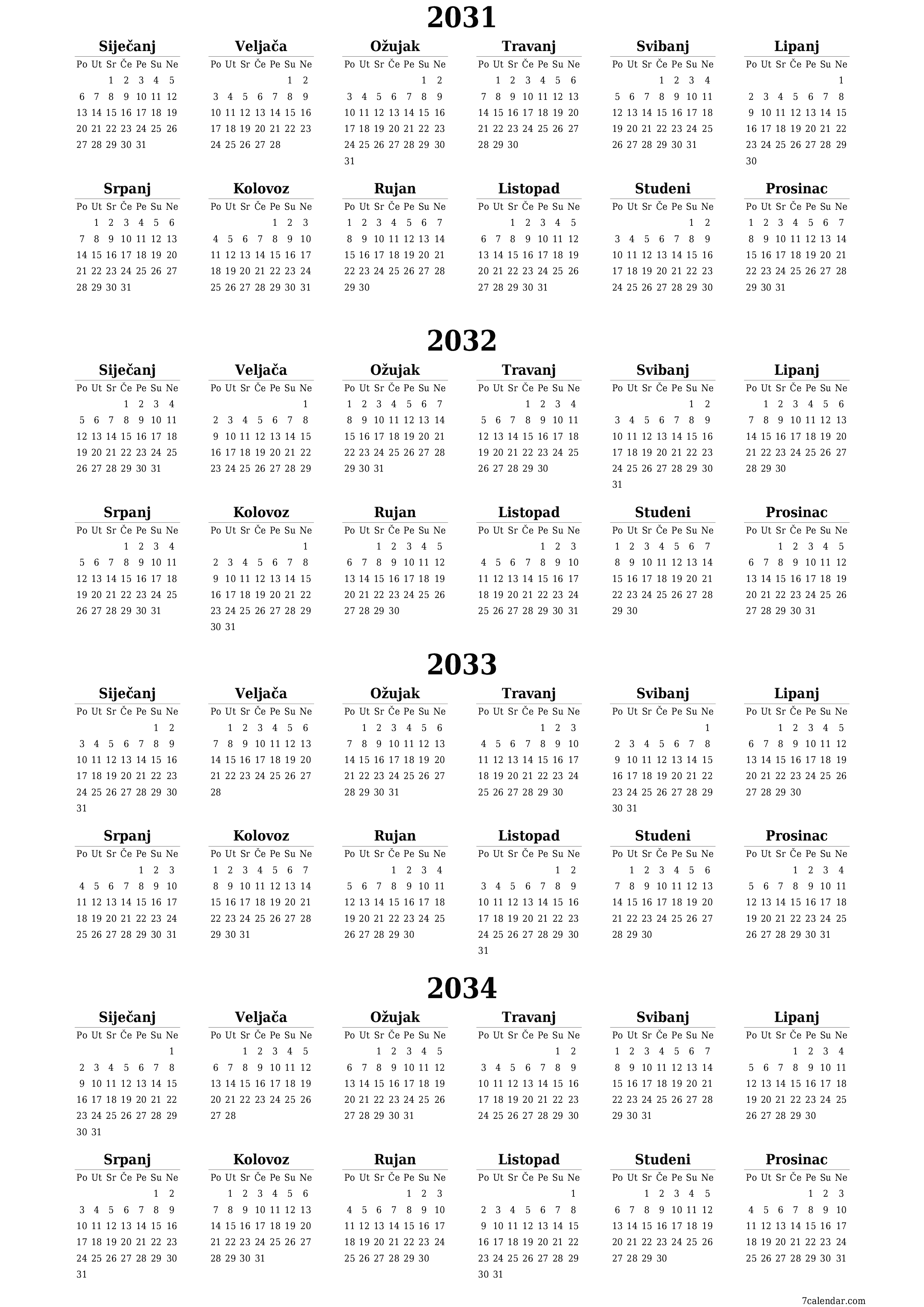  za ispis zidni predložak a besplatni okomito Godišnje kalendar Lipanj (Lip) 2031