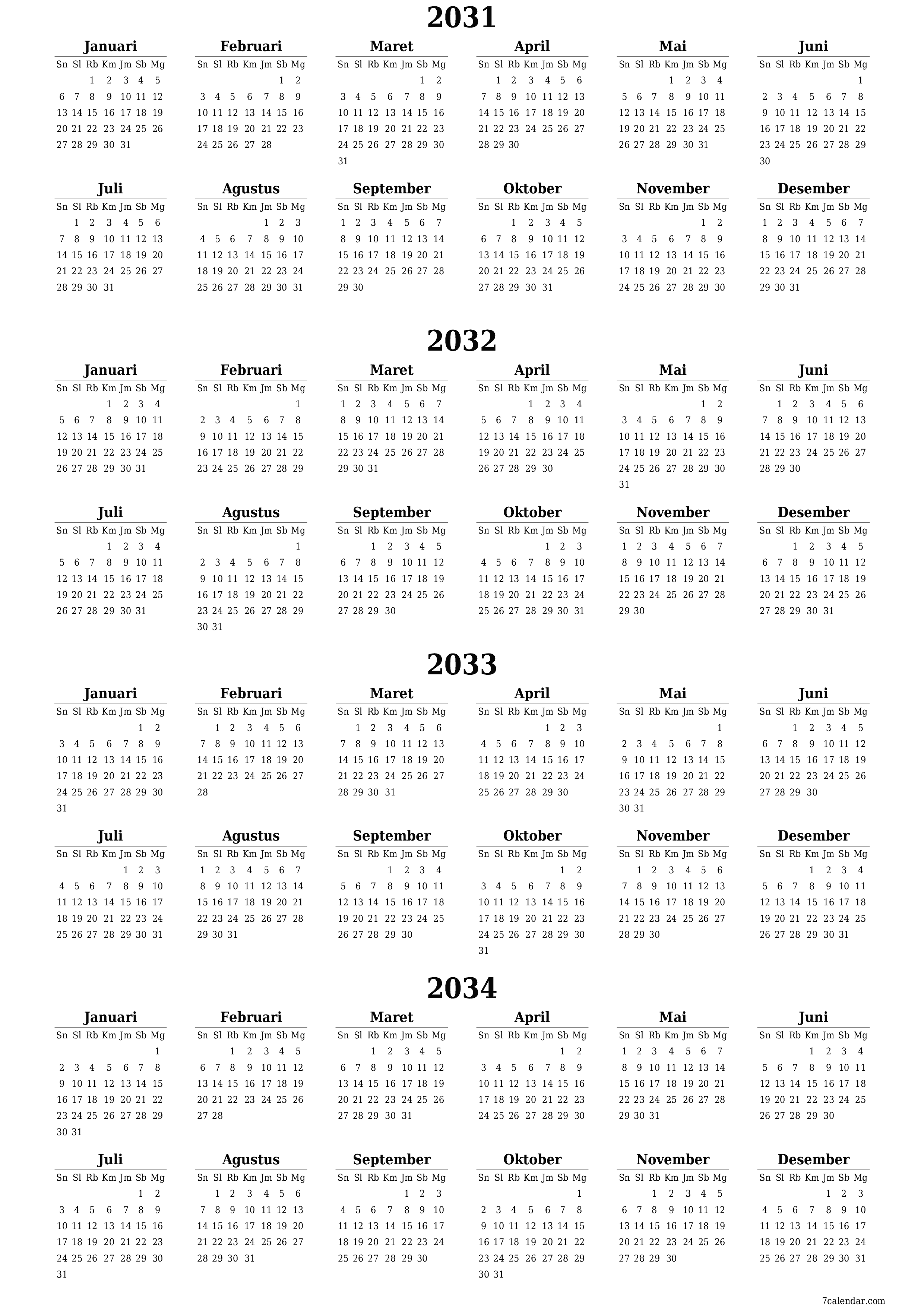 Kosongkan kalender perencana tahunan untuk tahun ini 2031, 2032, 2033, 2034 dengan catatan, simpan dan cetak ke PDF PNG Indonesian